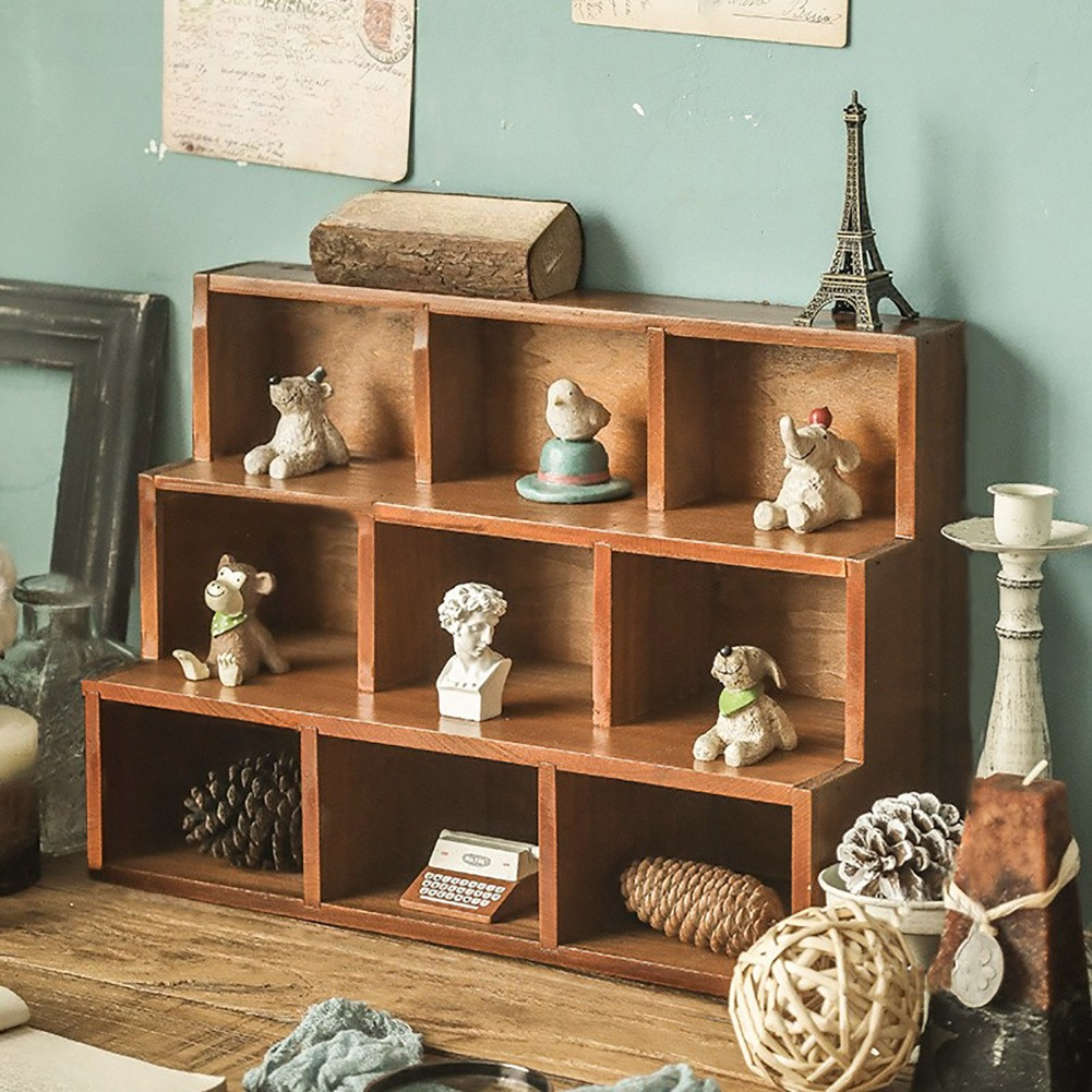   1pc wooden 9 compartment cubby shelf wall mounted tabletop display organizer ideal for crafts jewelry collections memorabilia multi functional storage cabinet stand
