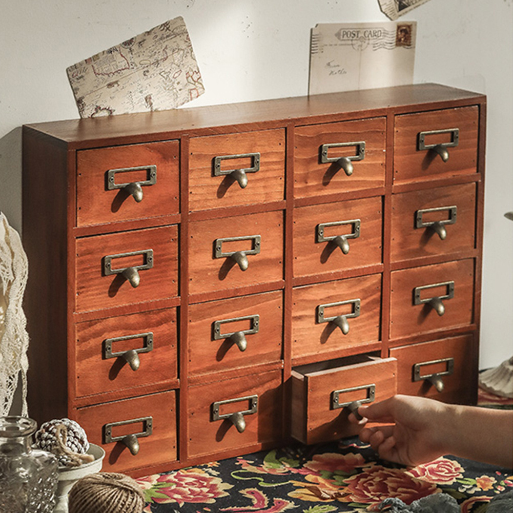 TEMU 1pc Wooden Vintage Apothecary Cabinet With 16 Drawers | Desk & Tabletop Drawer Organizer | Jewelry, Home Office & Bedroom Storage | Traditional