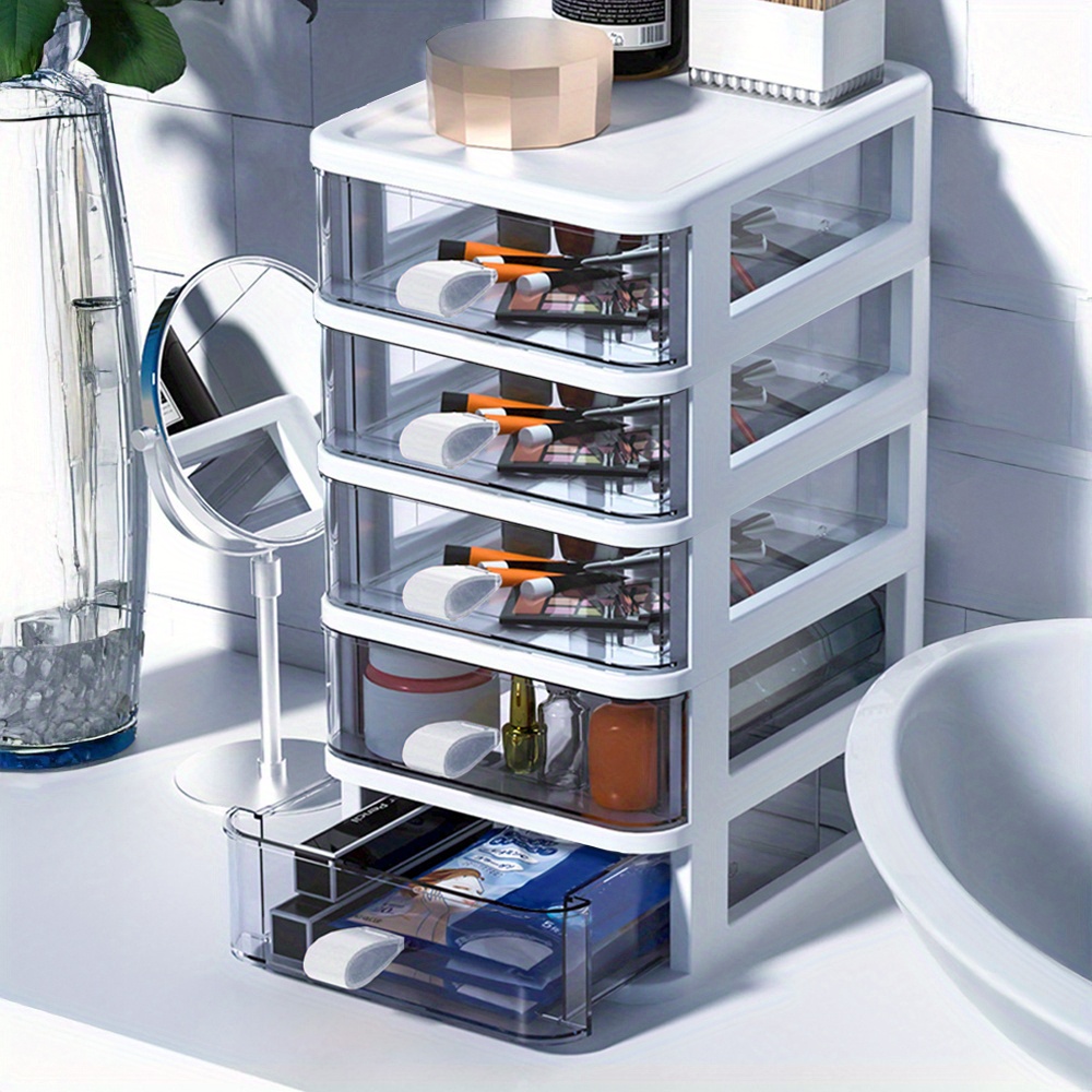 TEMU 1pc Stackable Clear Plastic Mini Cosmetic Drawer Organizer - 3/ 4/ 5-tier Modular Storage Boxes For Makeup, Skincare & Stationery | Space-saving