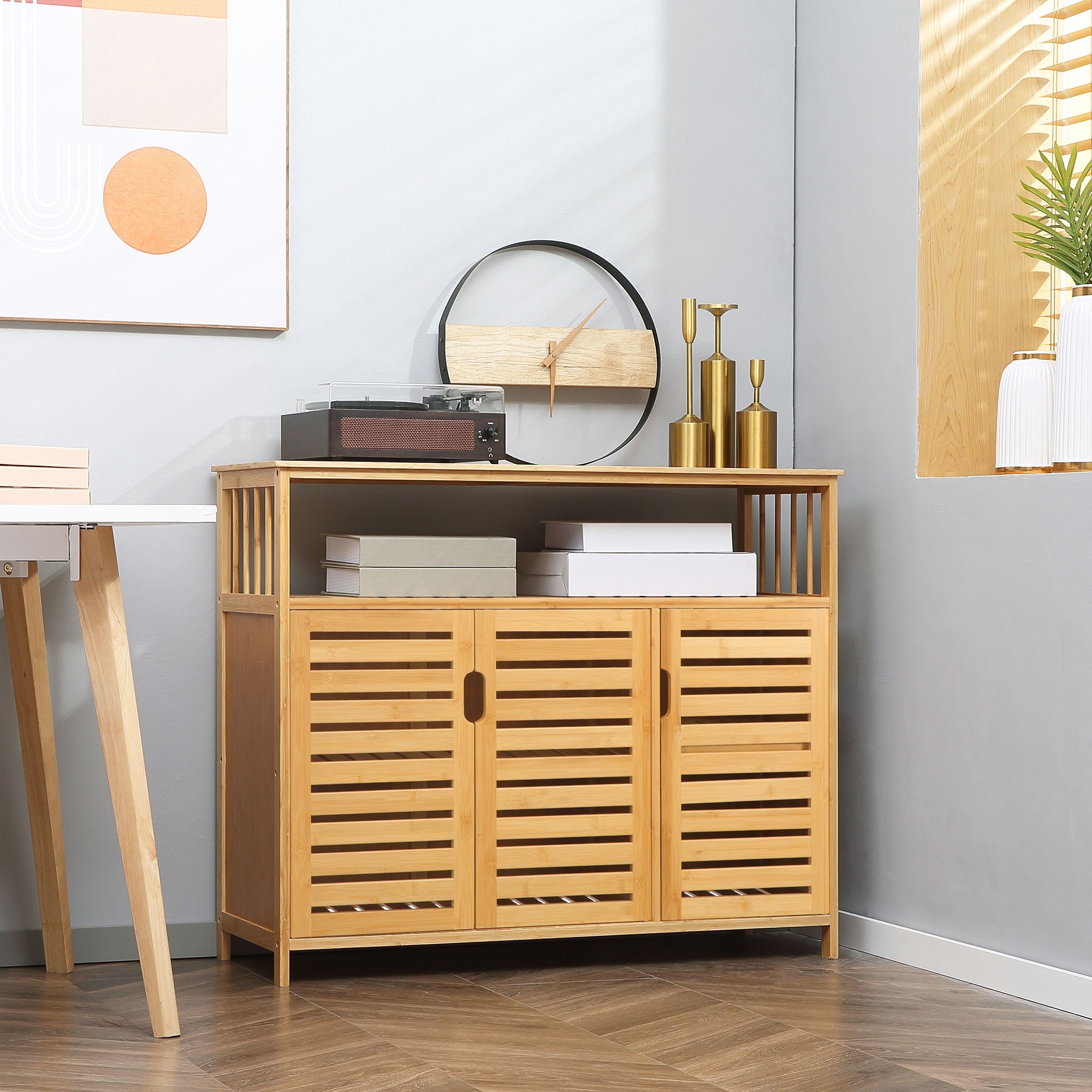 Image of Homcom 3-door Slatted Storage Cabinet Bamboo Living Room Cabinet With Shelves For Dining Kitchen Entrance Natural 100x35x82 Cm