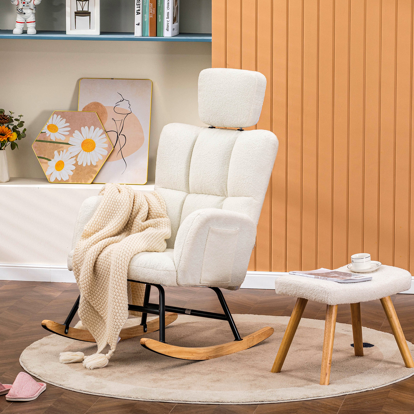 Image of Rocking Chair, Relax Armchair With Headrest, Ear Chair Made Of Teddy Plush, Rocking Chair, Loadable Up To 150 Kg, Sun Lounger Garden Lounger For Bedroom, Living Room, Beige
