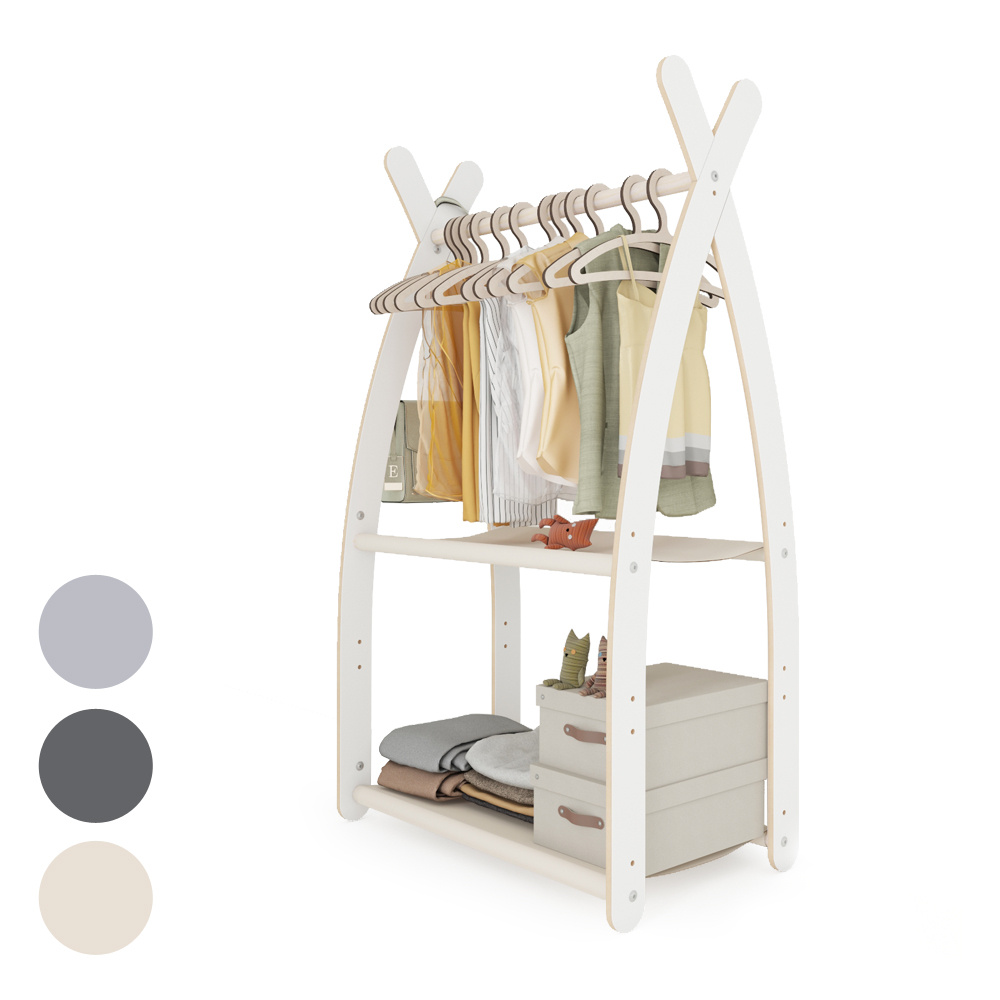 Image of Adjustable Shelf Children's Clothes Hanger, Wooden And Fabric Wardrobe Organizer For Kids' Room, Storage For Clothes And Toys