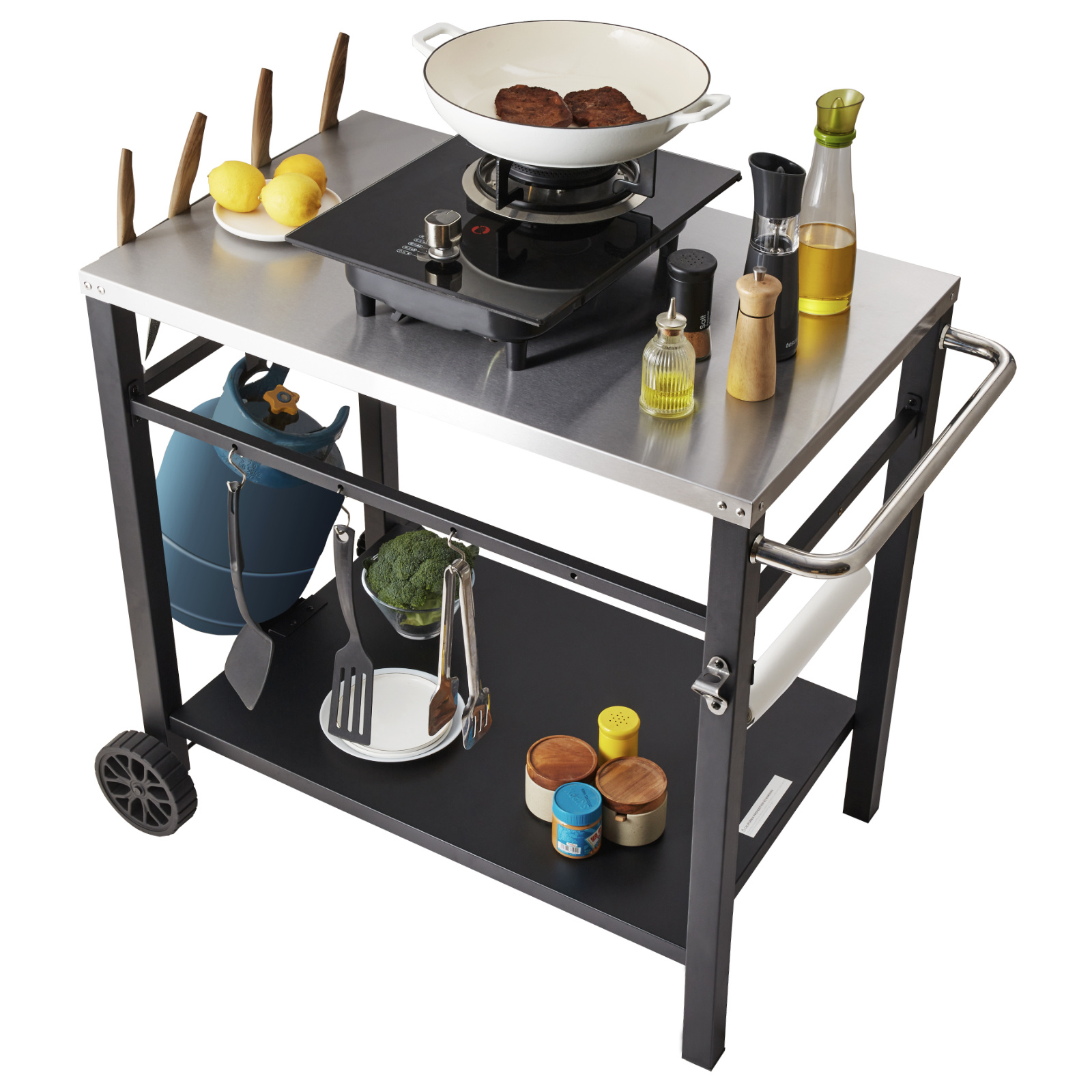 Image of Vevor Outdoor Grill Dining Cart With Double-shelf, Bbq Movable Food Prep Table, Multifunctional Stainless Steel Table Top, Portable Modular Carts For Pizza Oven, Worktable With , Carry Handle