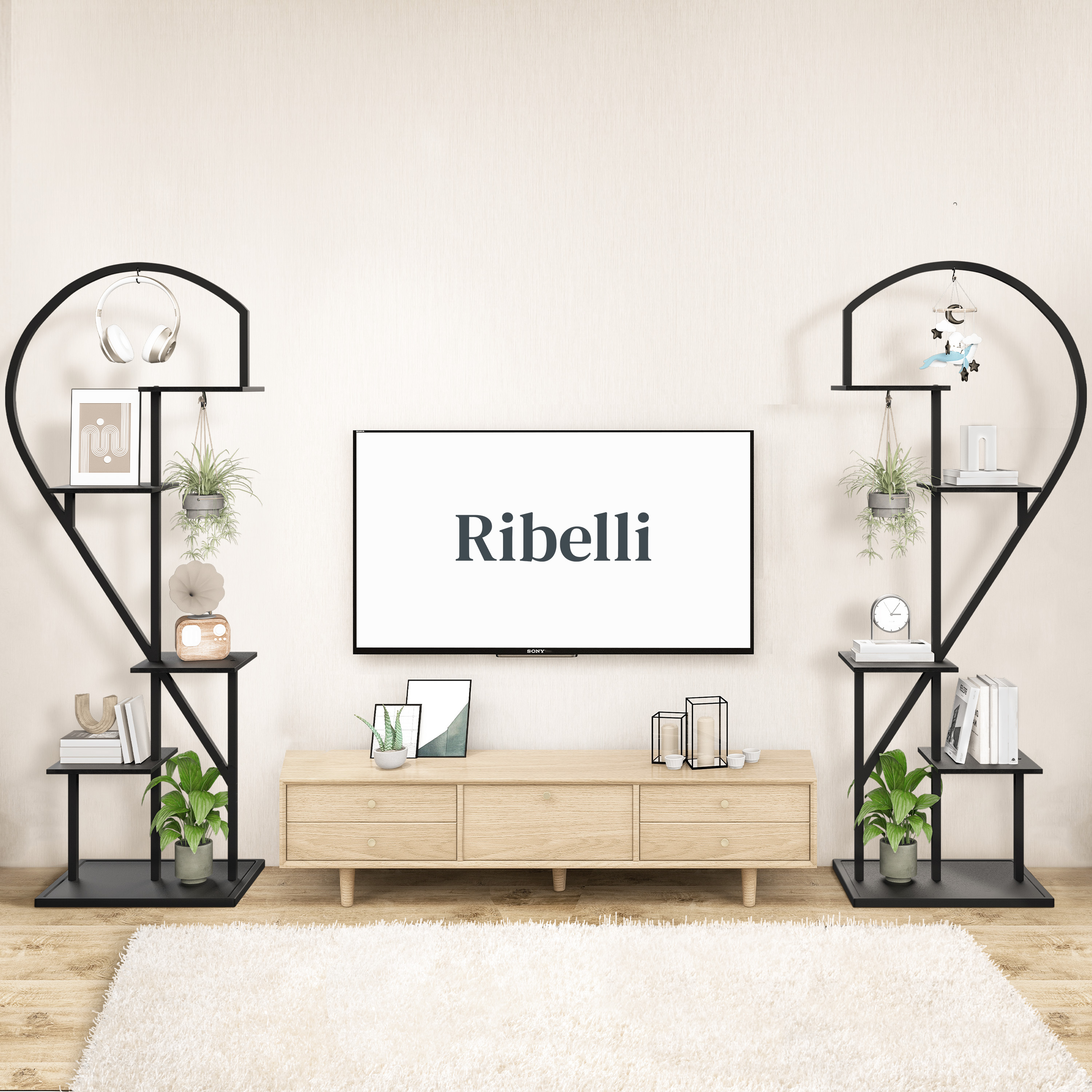 Image of 2-part Metal Plant Stand Shape, 5-tiered, 170 Cm, Plant Shelf With 5 Compartments & 4 Hooks, High Flower Stand Plant Ladder With Tilt Protection For Room Terrace, Black