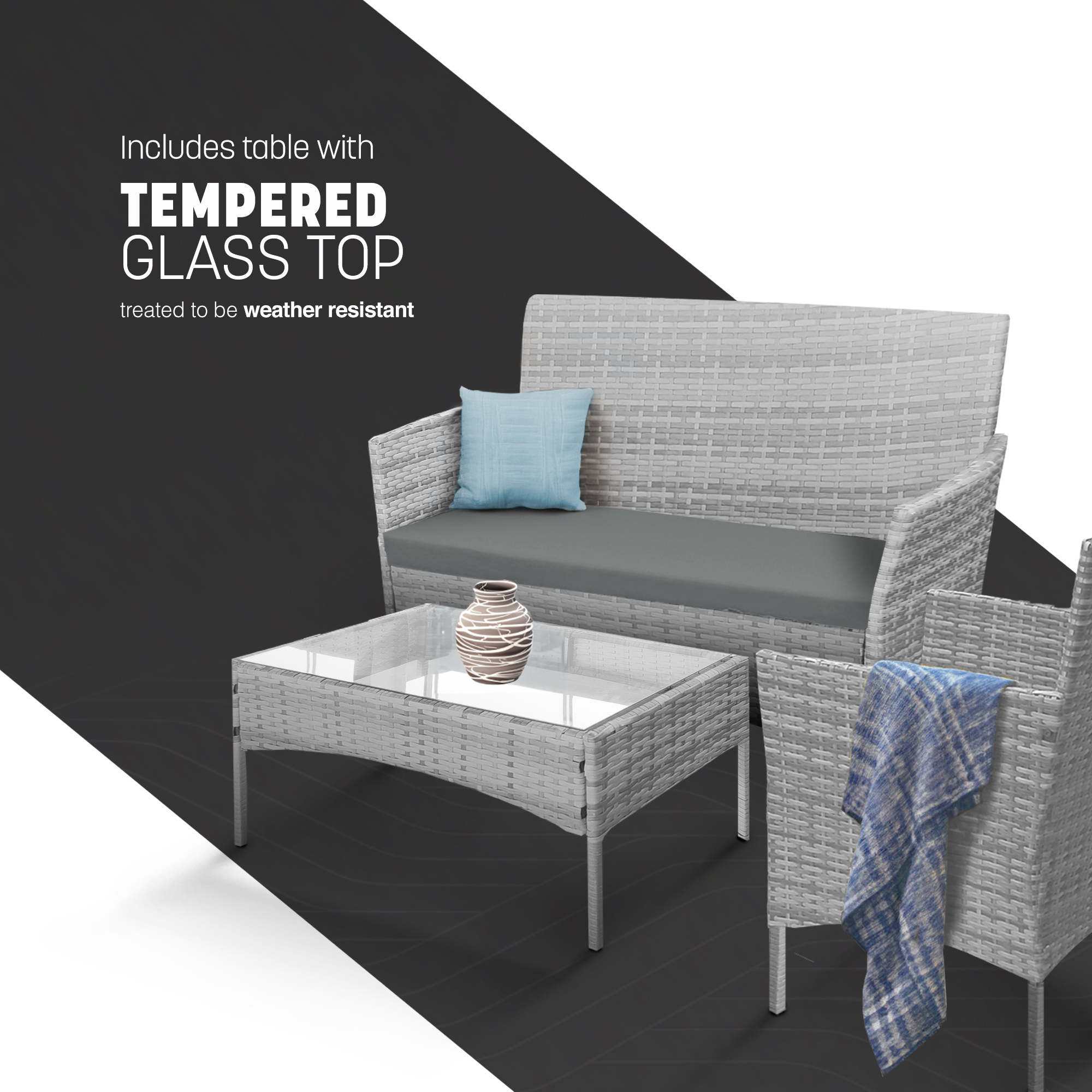 KEPLIN 4pcs Rattan Garden Furniture Set – Outdoor Lounger Sofa, Chairs and Table