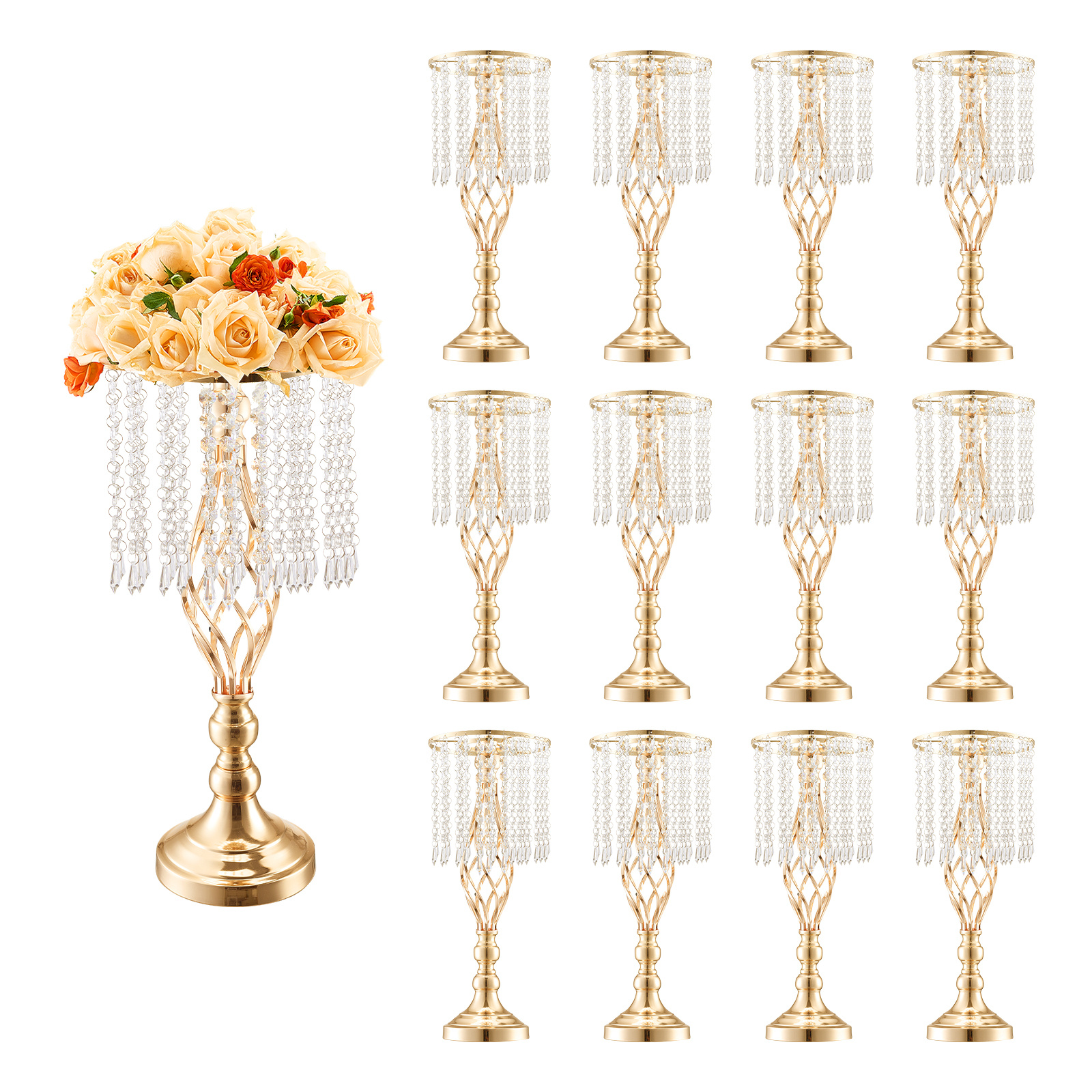 Vevor 12pcs 49cm/19.3" Tall Crystal Wedding Flower Stand Vase For Party Decor