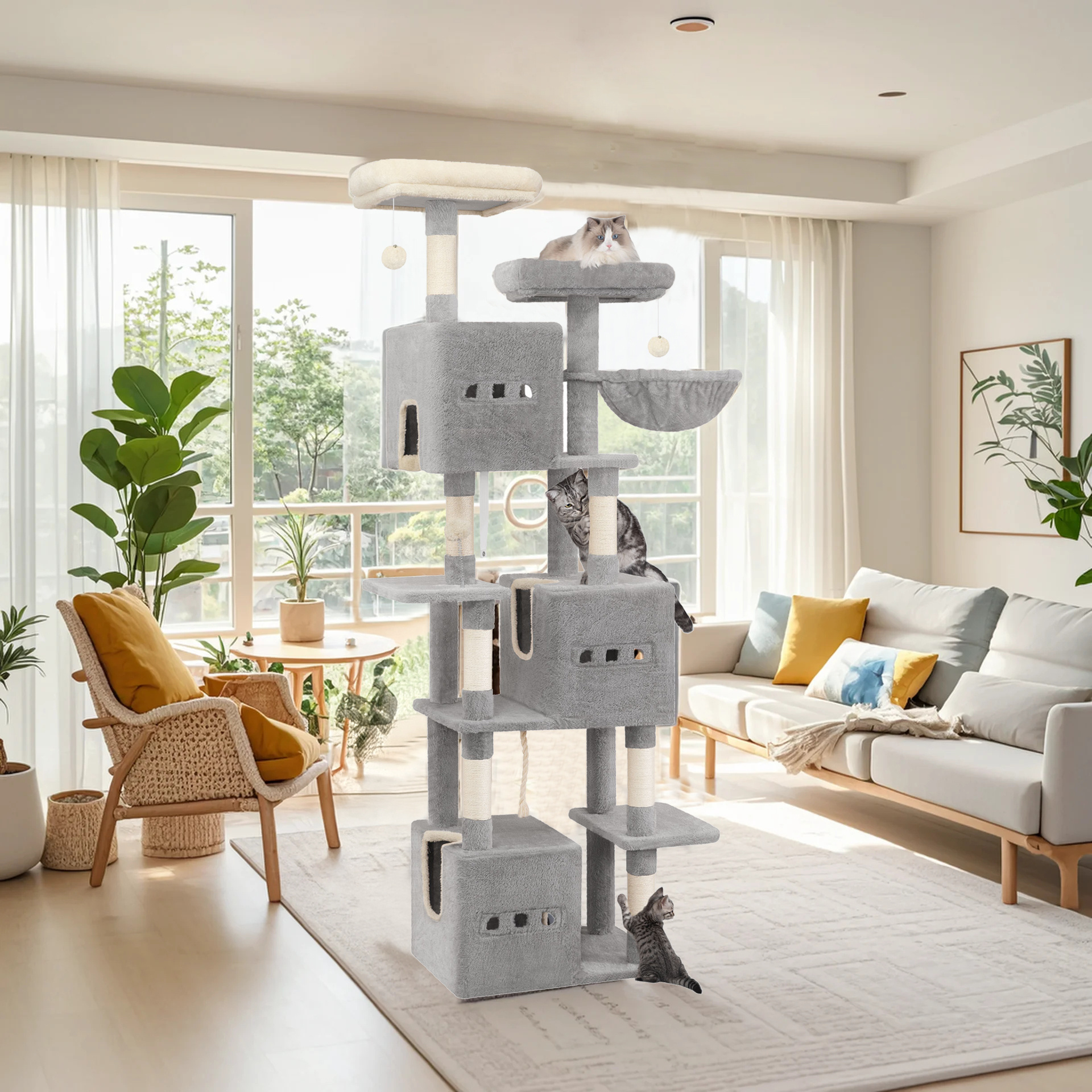 Image of Large Cat Tree, 193 Cm Tall, Xxl Cat Tower With 7 Scratching Posts, 3 Caves, 2 Platforms, 2 Plush Balls, Basket, Climbing Rope, Multi-level Cat Scratcher, Light Gray/dark Gray
