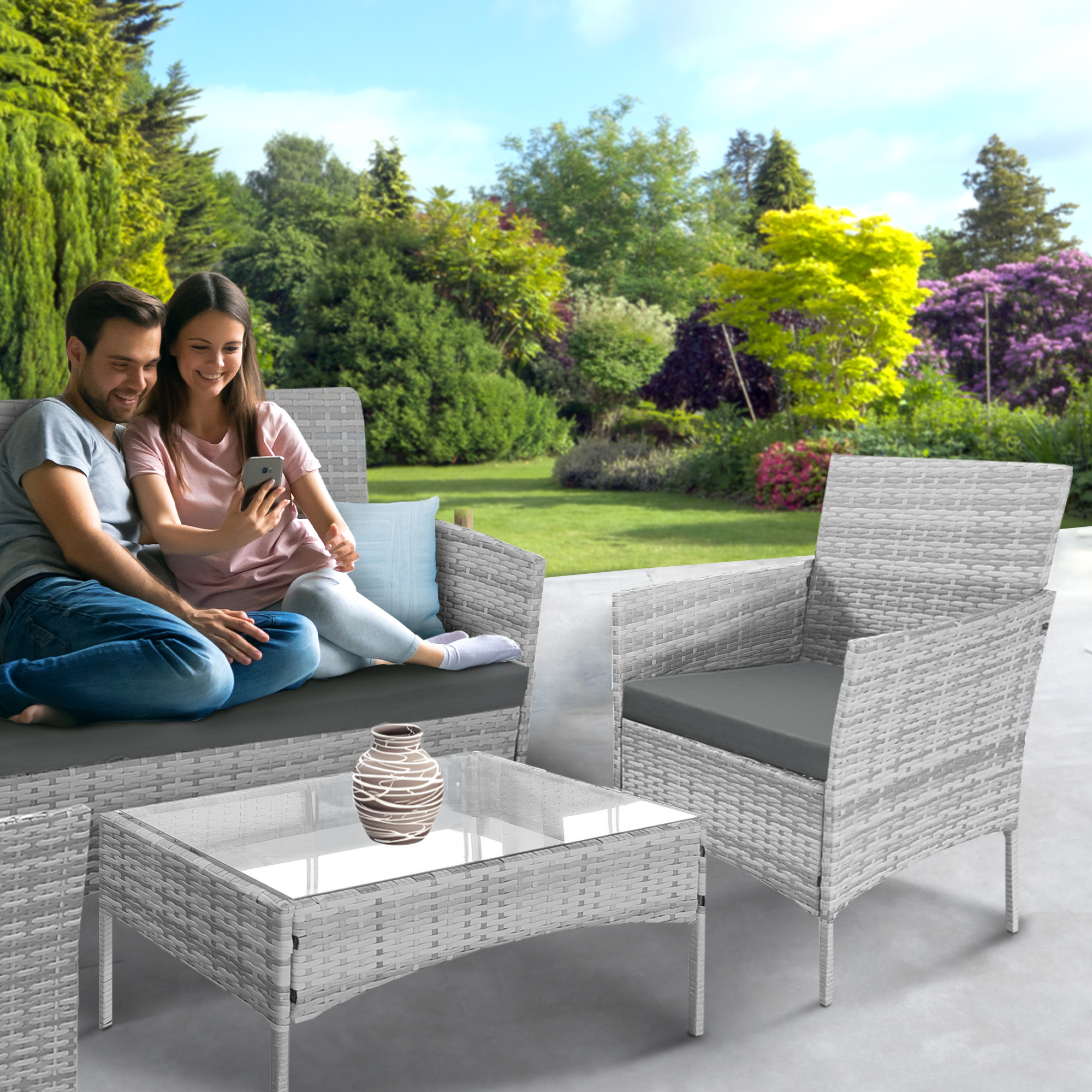 KEPLIN 4pcs Rattan Garden Furniture Set – Outdoor Lounger Sofa, Chairs and Table