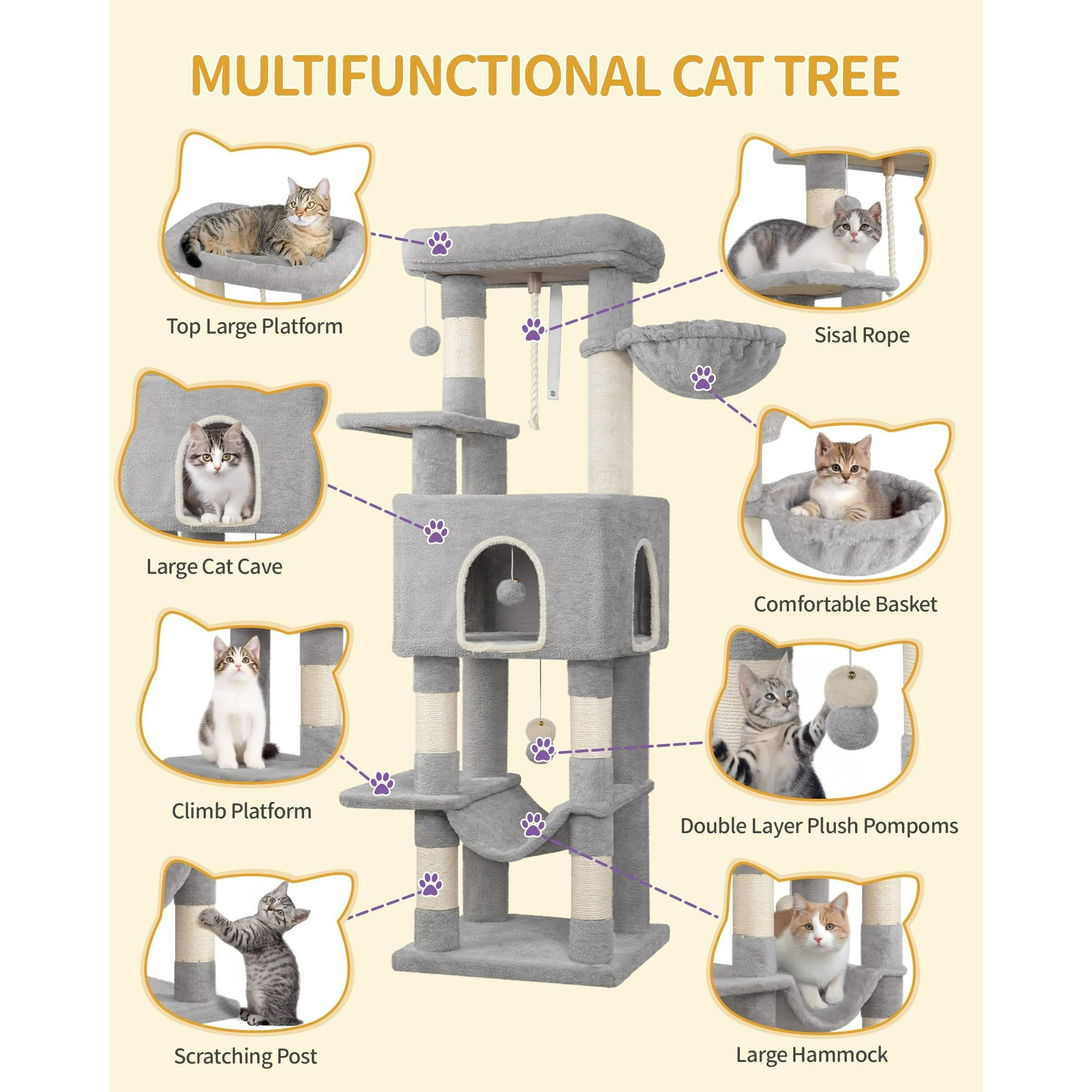 Scratching Tree, 149cm Cat Tree, Cat Scratching Tree With 5 Scratching Posts, Large Platforms, Hiding Cave, Multi-level Cat Activity Center, Pom-poms