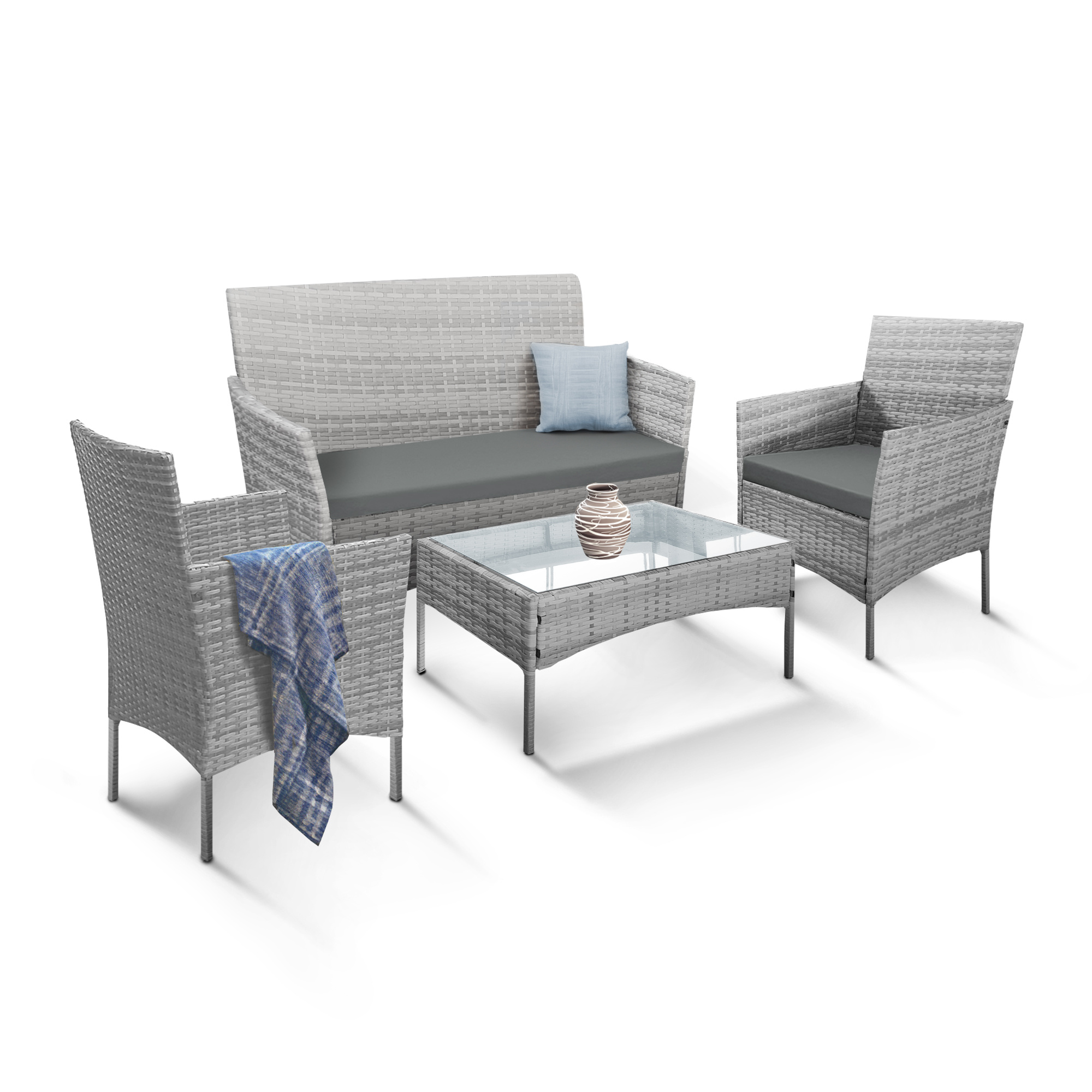 KEPLIN 4pcs Rattan Garden Furniture Set – Outdoor Lounger Sofa, Chairs and Table