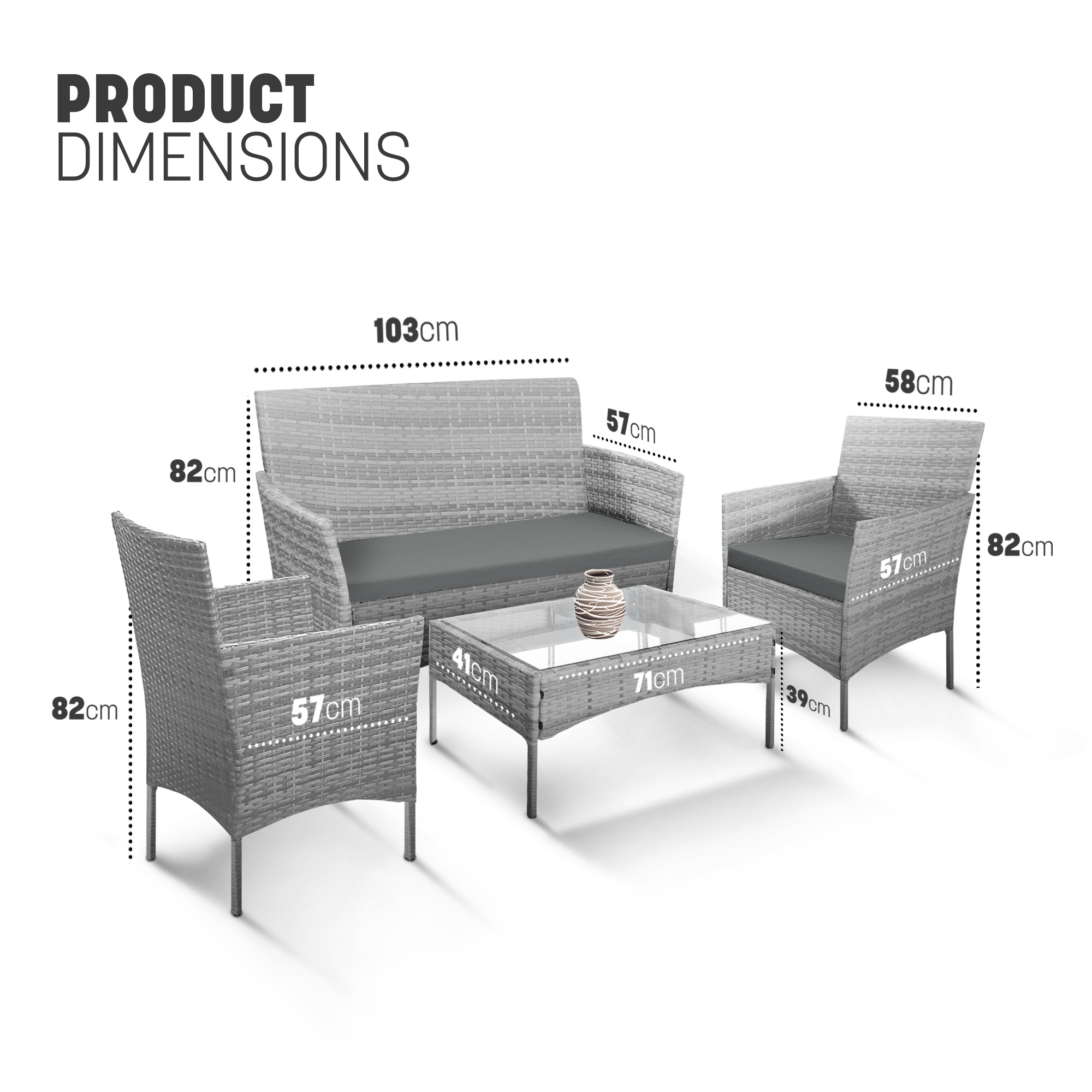 KEPLIN 4pcs Rattan Garden Furniture Set – Outdoor Lounger Sofa, Chairs and Table
