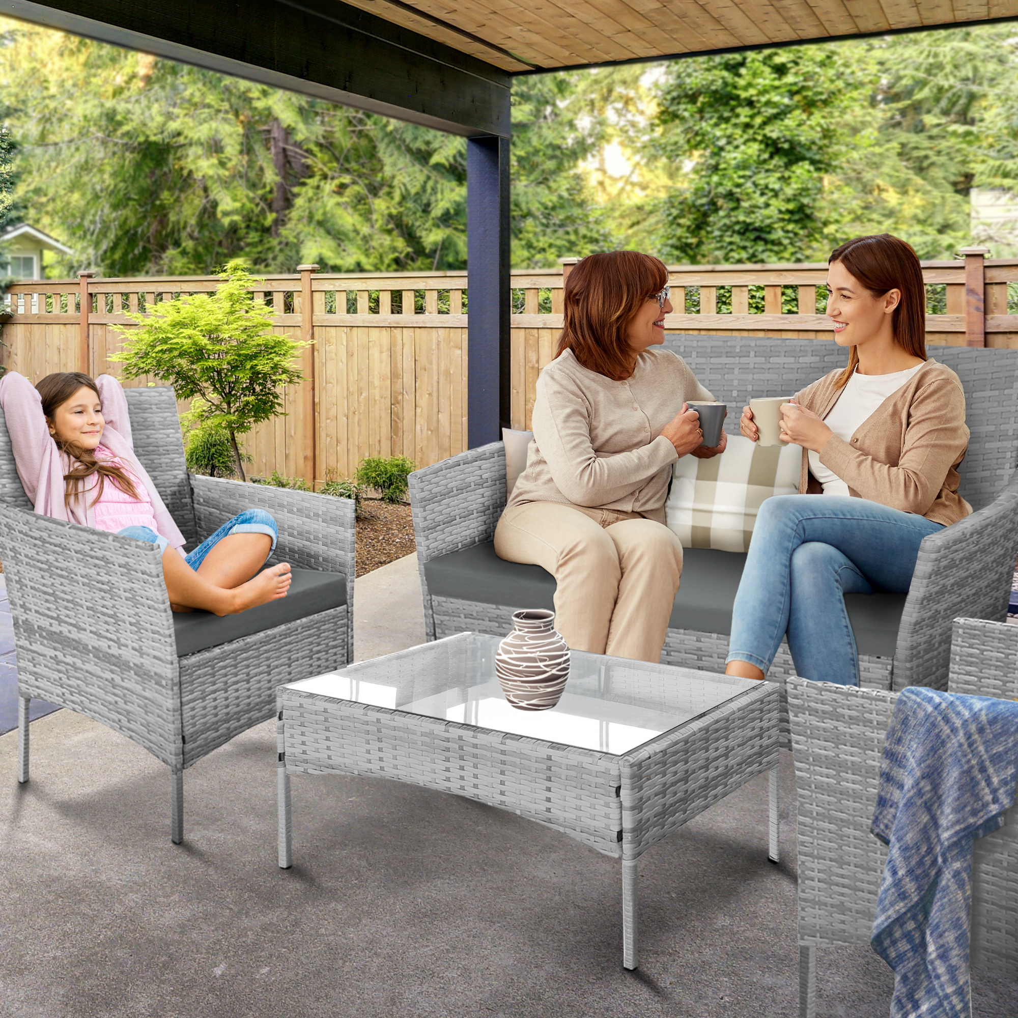 KEPLIN 4pcs Rattan Garden Furniture Set – Outdoor Lounger Sofa, Chairs and Table
