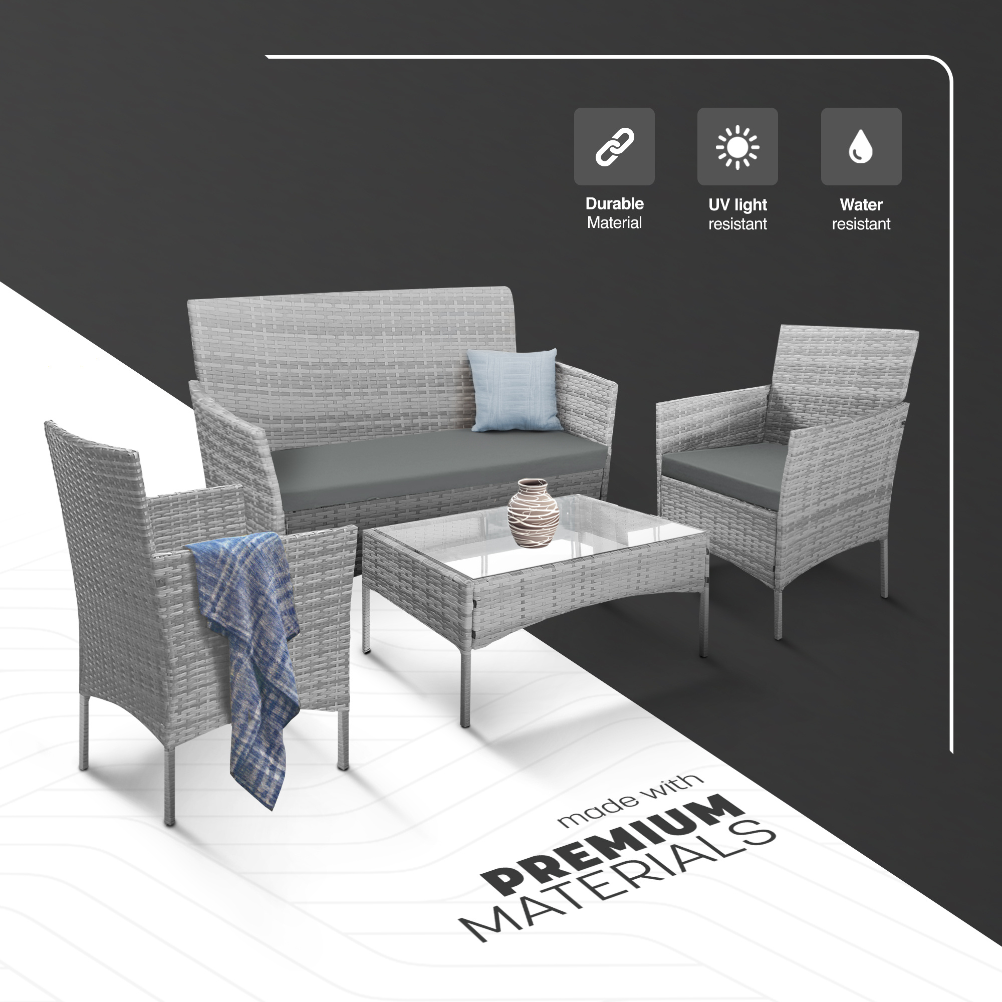 KEPLIN 4pcs Rattan Garden Furniture Set – Outdoor Lounger Sofa, Chairs and Table