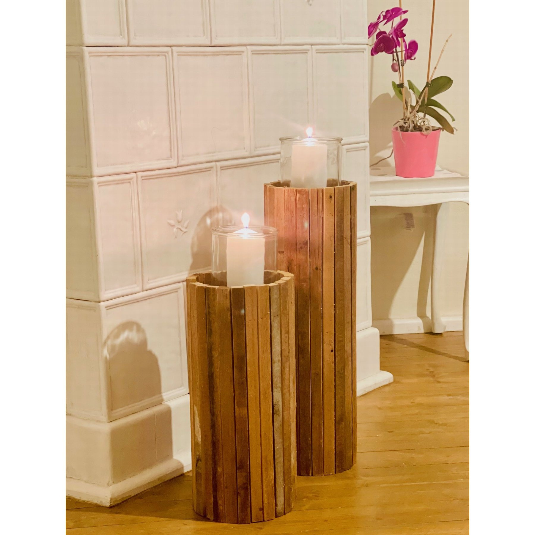 Image of Rustic" Recycled Wood Lantern Pole, Decorative Column, Candle Holder, Wooden Candle Stand With Glass, Floor Lantern, Candle Column, Candle Holder Stand
