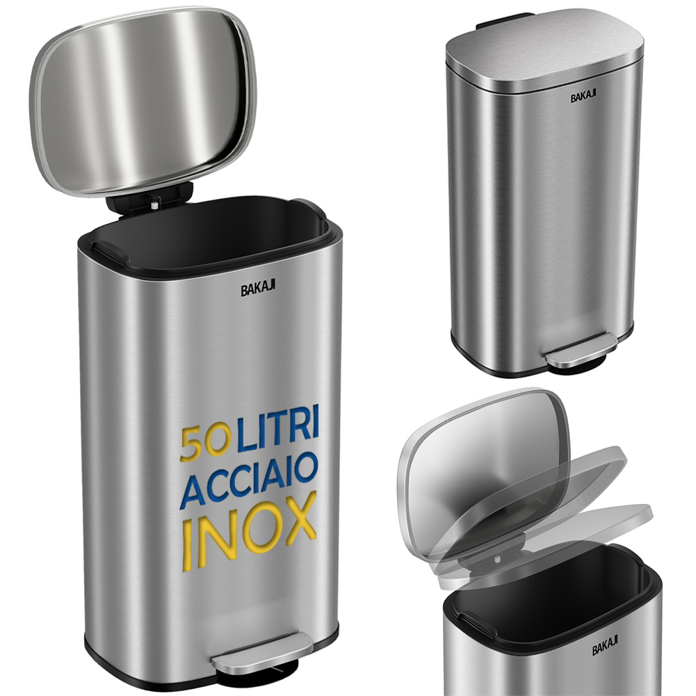TEMU BAKAJI de Basura de Acero Inoxidable de 50L con Interior Extraíble, Cierre y Silencioso con Amortiguación, Ideal para Cocina y Baño