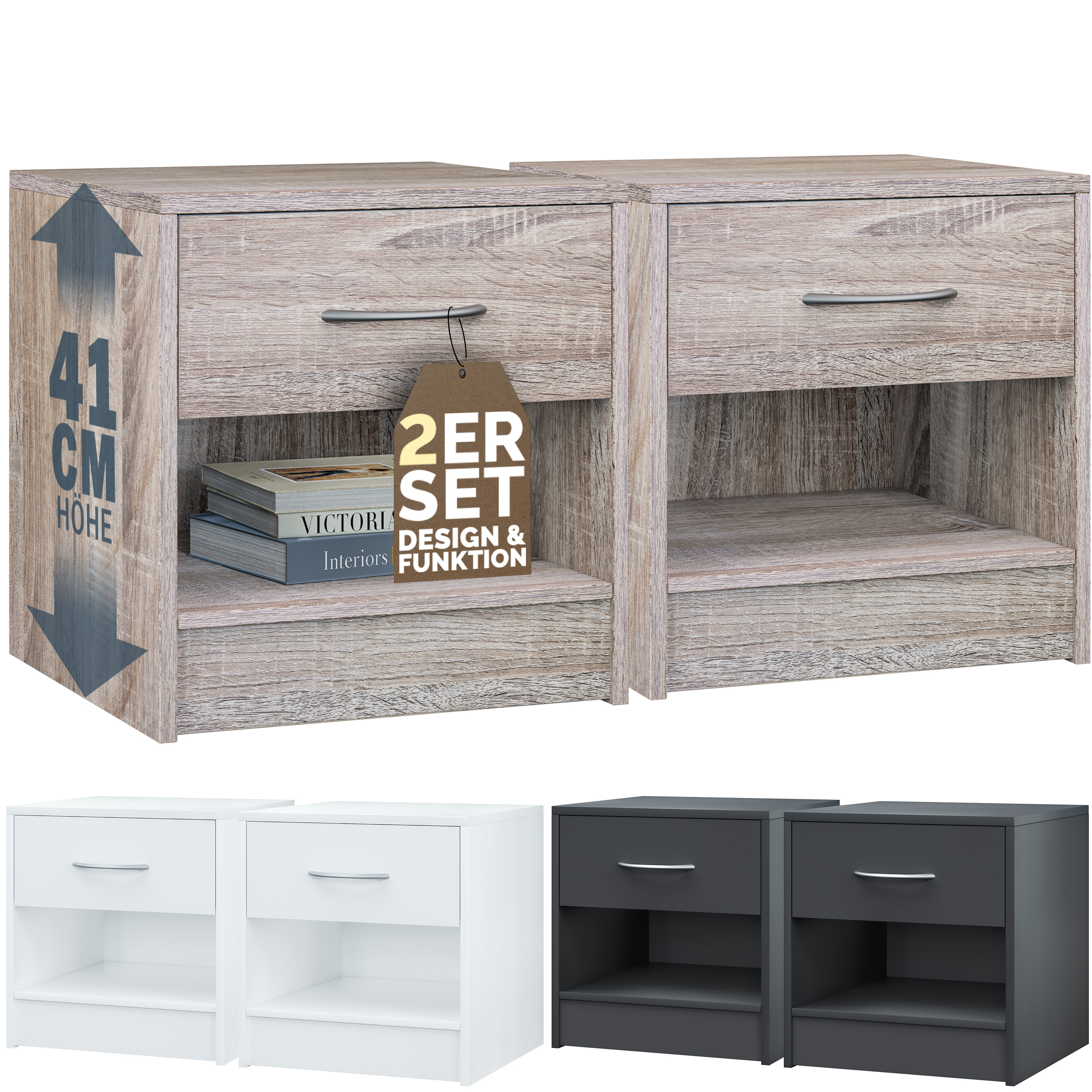 TEMU Casaria® 2pcs Nightstand Set With Drawer 41x39x28 Cm Wooden Storage Modern Bedroom Bedside Table Nightstand Dresser