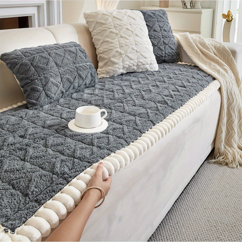 TEMU 1pc Bohemian Style Thick Fleece Sofa Cover, Plush & Quilted Polyester 400g, Non-slip, Pet-friendly, Machine Washable - Ideal For 1-4 Seater