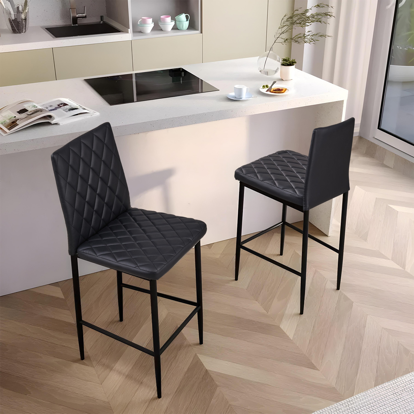 TEMU Pu Leather Bar Chairs, Stools With Padded Seat And High Backrest, Set Of 2 For Kitchen Counter Or Dining Room