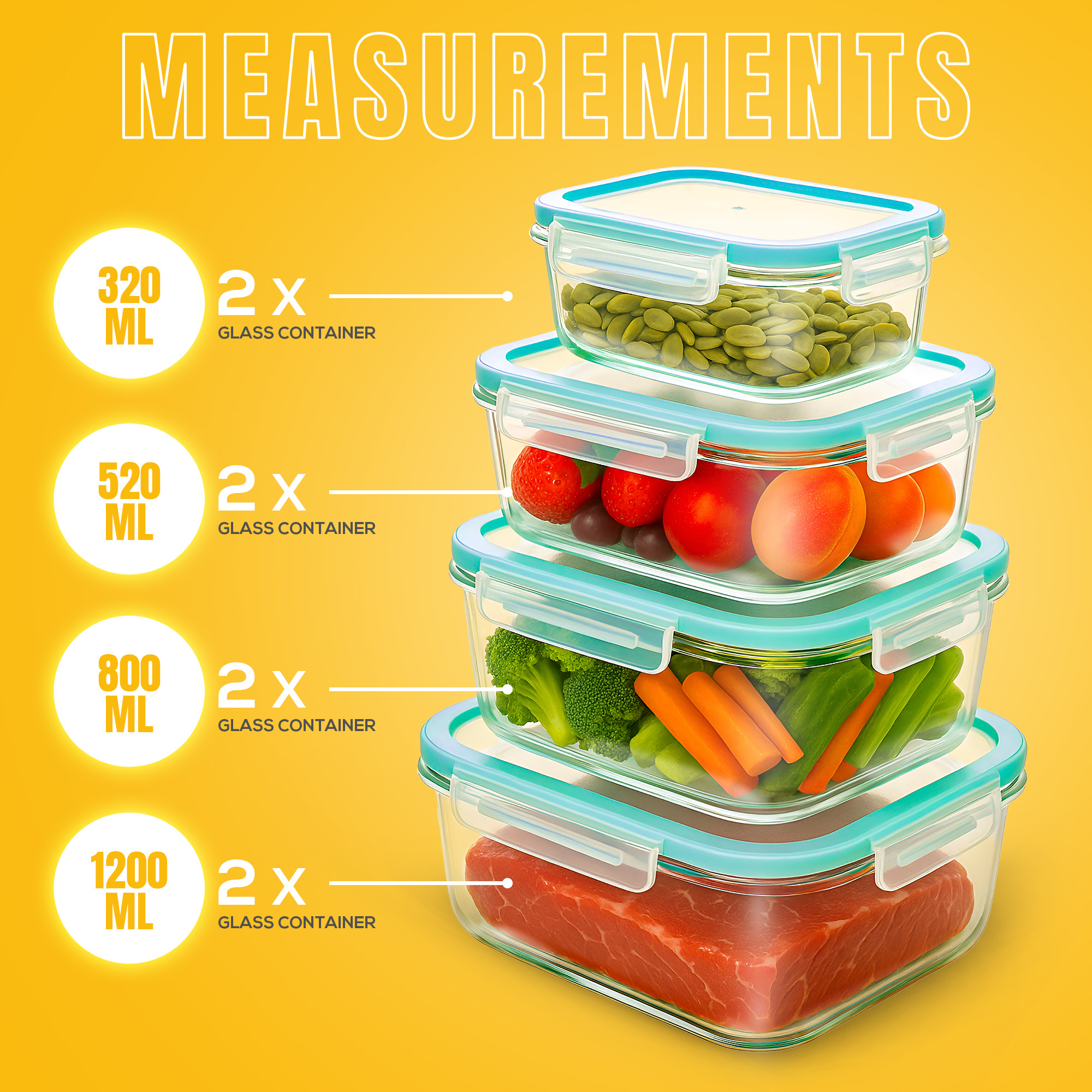 KICHLY Airtight Glass Food Storage Containers with Leakproof Lids – Square Meal Prep Containers with Silicone Seal – Oven, Freezer & Microwave Safe – Stackable Borosilicate Glass with Transparent Clip-Lock Lids