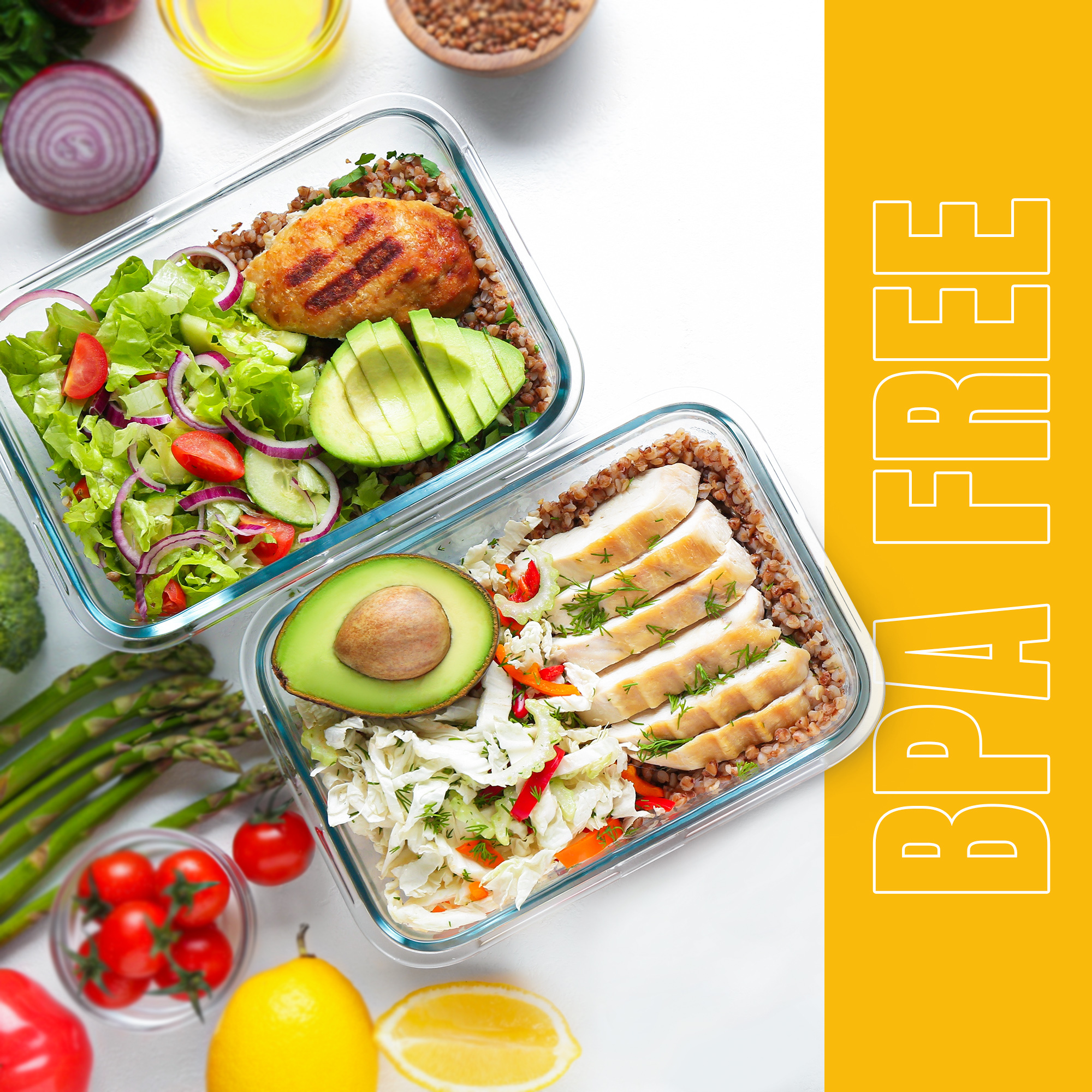 KICHLY Airtight Glass Food Storage Containers with Leakproof Lids – Square Meal Prep Containers with Silicone Seal – Oven, Freezer & Microwave Safe – Stackable Borosilicate Glass with Transparent Clip-Lock Lids