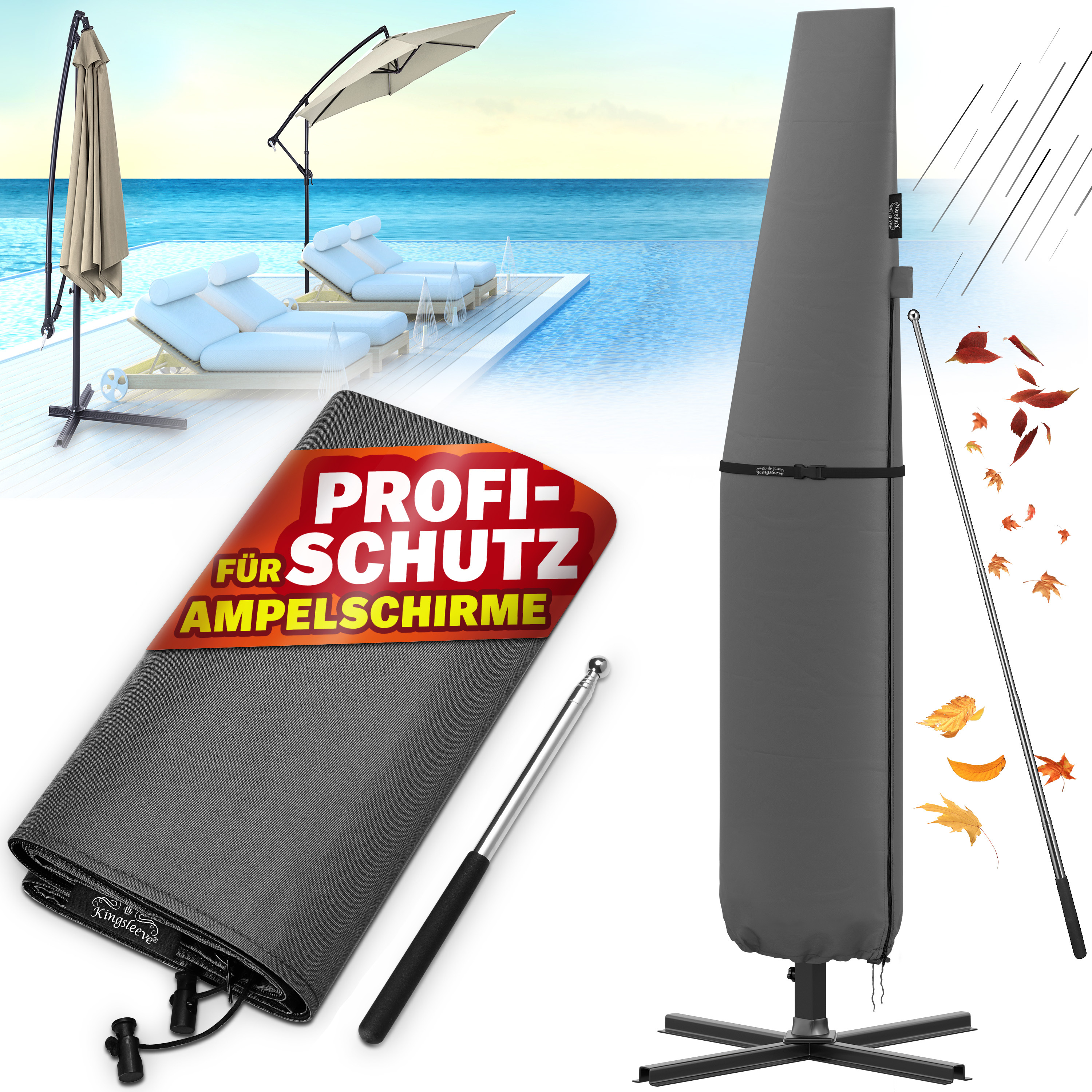 Image of ® Sun Cover With Rod Up To Ø350 Cm Winterproof Large Garden Umbrella Cover Cover Hood Sleeve Grey