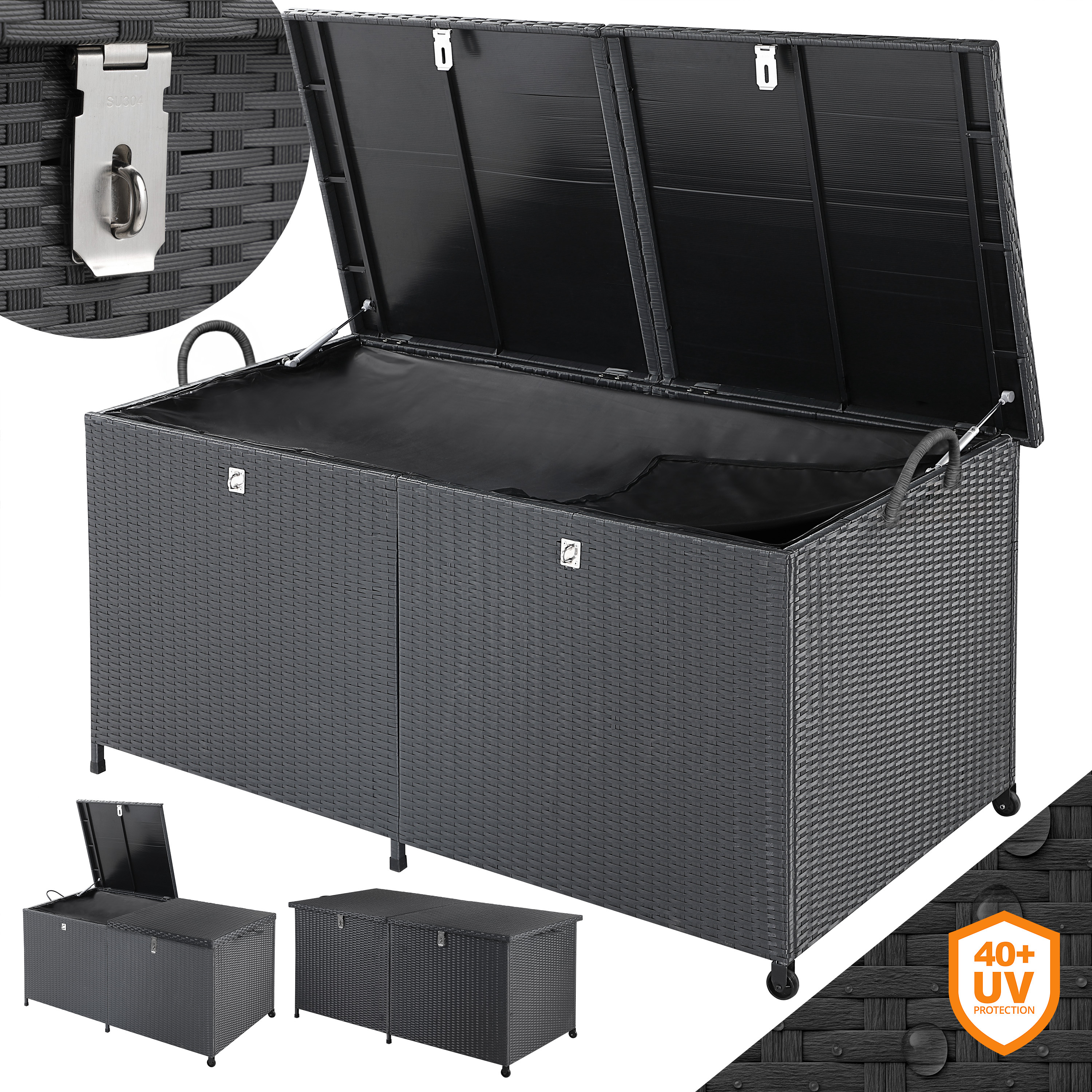 TEMU Casaria® Xxl Poly Storage Box, 625l, Weatherproof, Uv-resistant, With Handles, Wheels, And Gas Spring, For Garden Or , Cushion Box, 150x77cm,