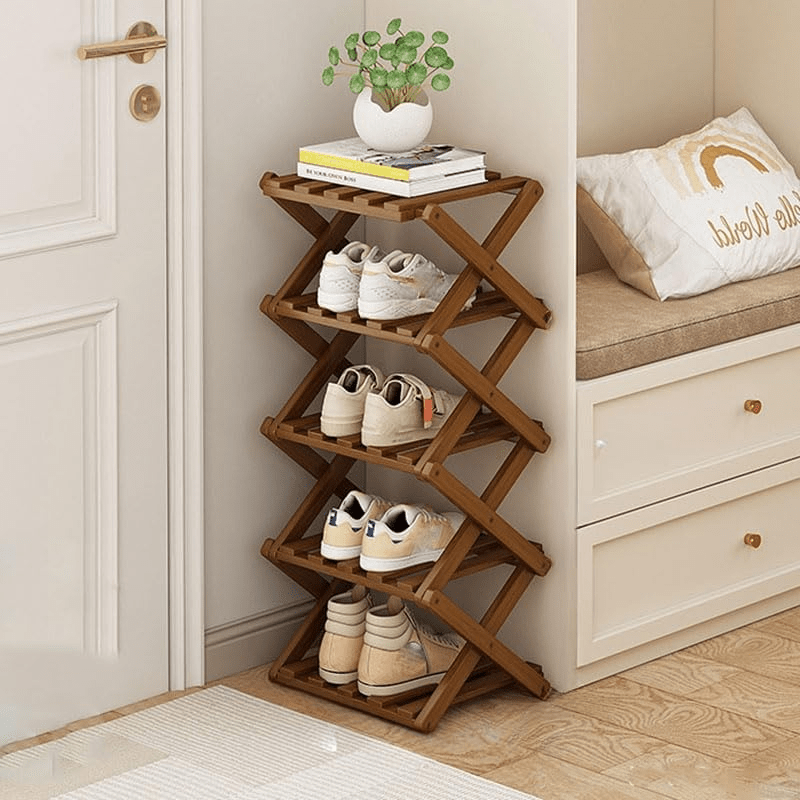 TEMU 5 Tier Wooden Shoe Rack, Vertical Shoe Racks Storage, Narrow Shoe Stand, Installation Free Folding X-shape Shoe Racks Sneakers Holder, 5 Layers