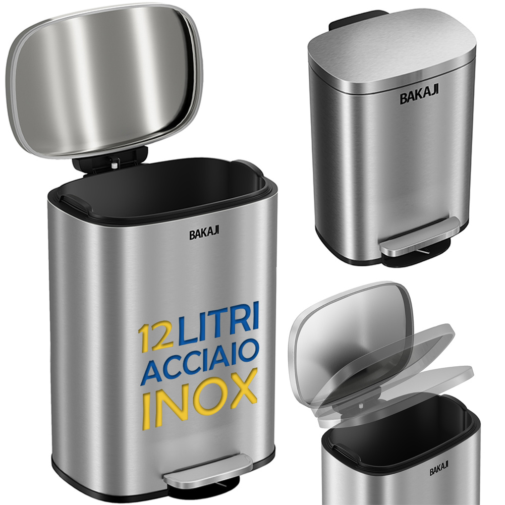Image of Bakaji Stainless Steel Pedal Trash Can With Removable Inner Bucket Lid, Soft Silent Shock-absorbing Closure, Ideal Waste Bin For Kitchen And Bathroom