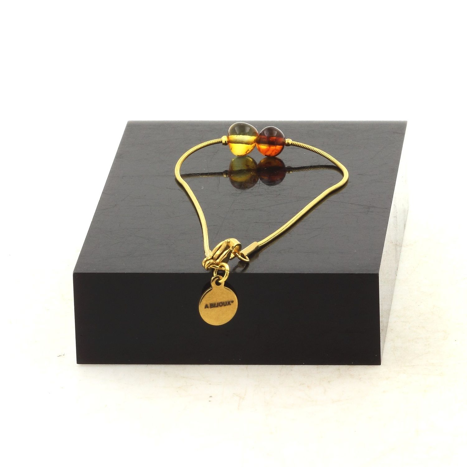 Golden Stainless Steel Bracelet With 2 Natural Sea Amber Beads, 5mm-6mm