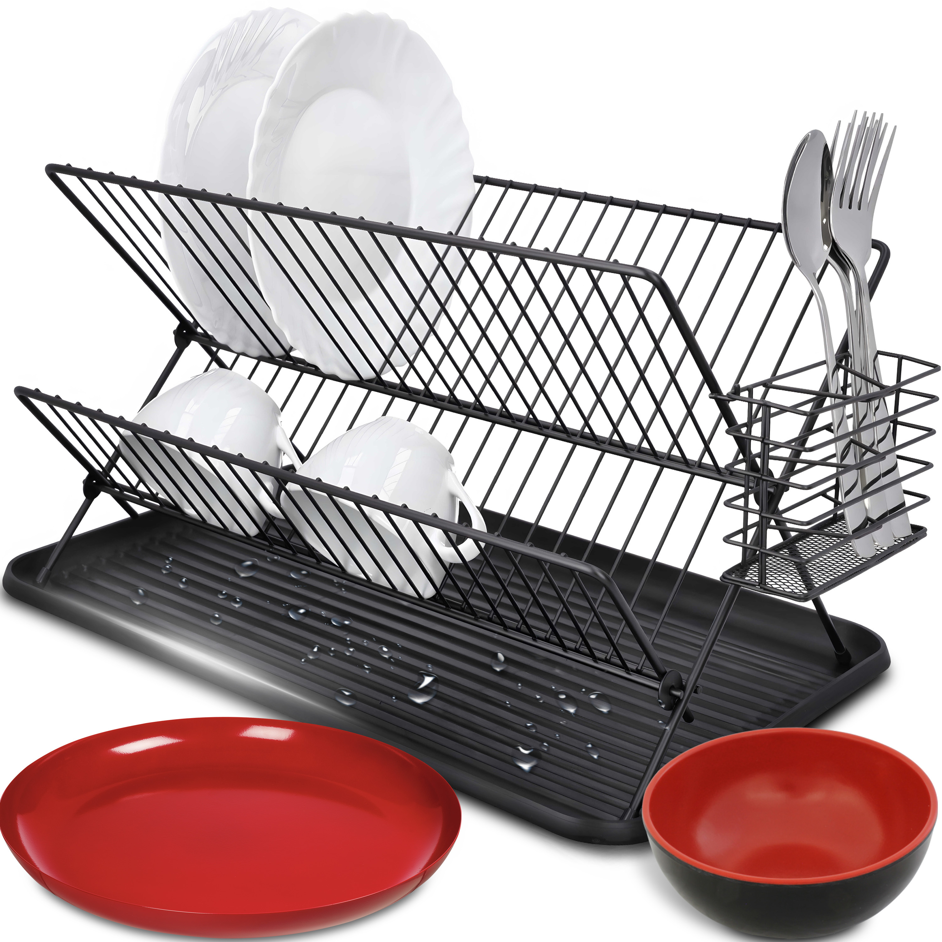 E-shop Abtropfgestell Geschirrstaender Abtropfständer mit Auffangschale Abtropfgitter Geschirrkorb Faltbarer 2 Ebenen Utensilienhalter 42,5x31,5x24 cm