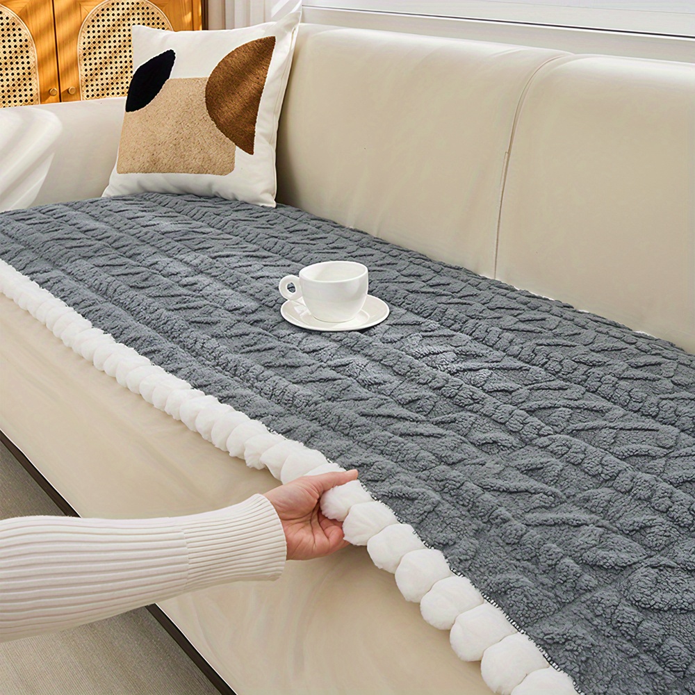TEMU 1pc Bohemian Style Thick Fleece Sofa Cover, Plush & Quilted Polyester 400g, Non-slip, Pet-friendly, Machine Washable - Ideal For 1-4 Seater