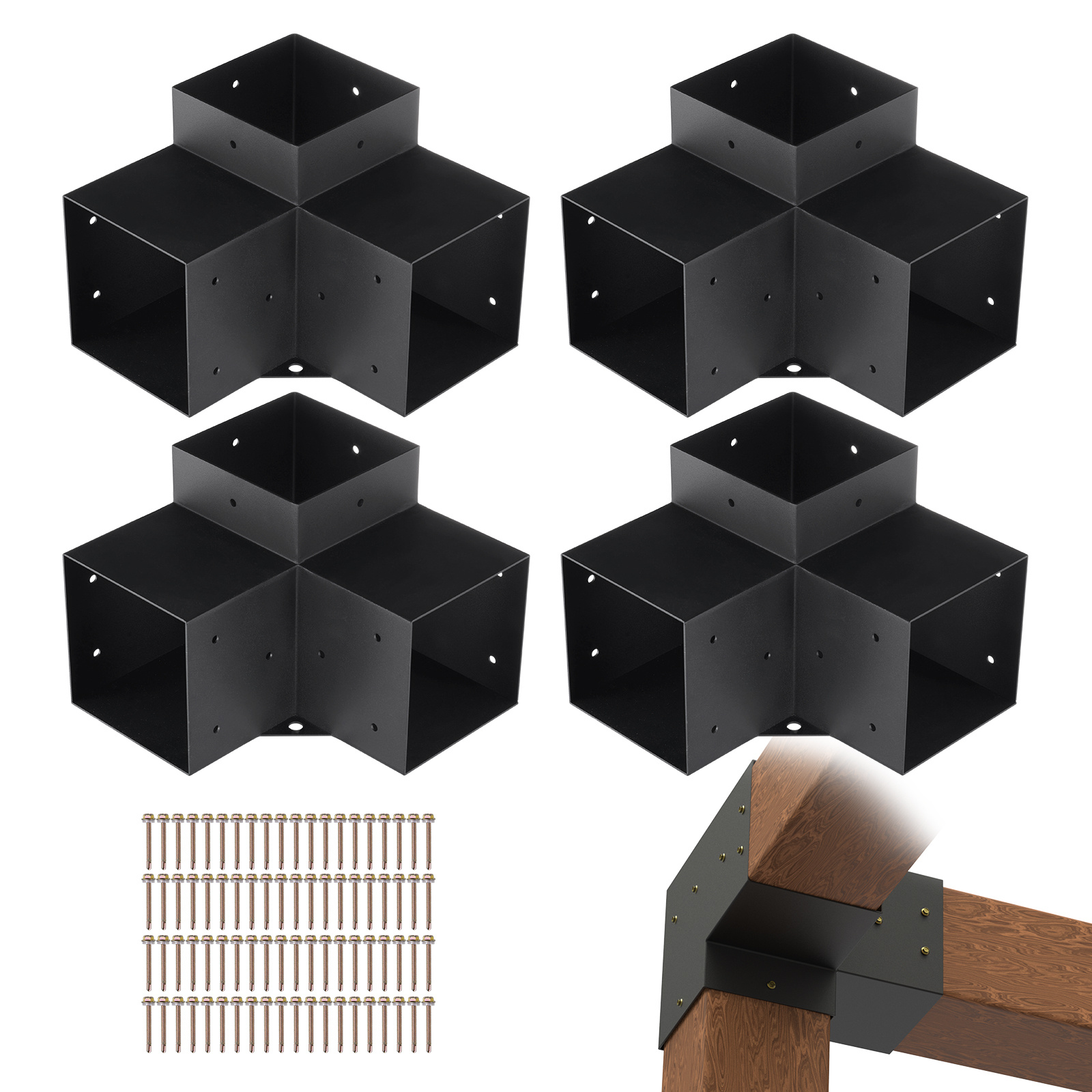 Image of Vevor Pergola Bracket Kit 6''x6'', 4pcs 3-way Heavy Duty Corner Bracket Diy Post Base Kit, Wooden Beams For Gazebos, Patio Pergolas, Outdoor Pergola Hardware