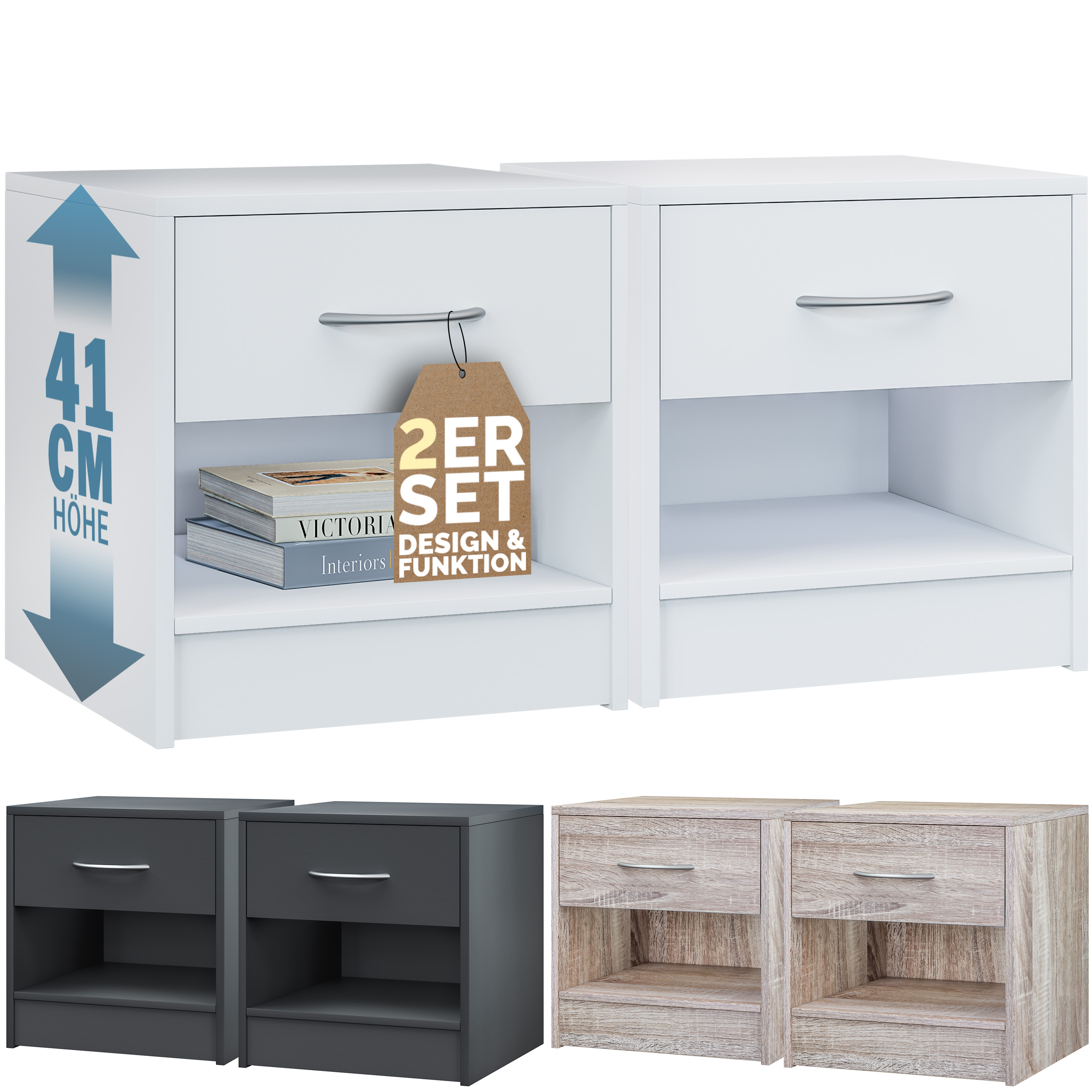 TEMU Casaria® 2pcs Nightstand Set With Drawer 41x39x28 Cm Wooden Storage Modern Bedroom Bedside Table Nightstand Dresser