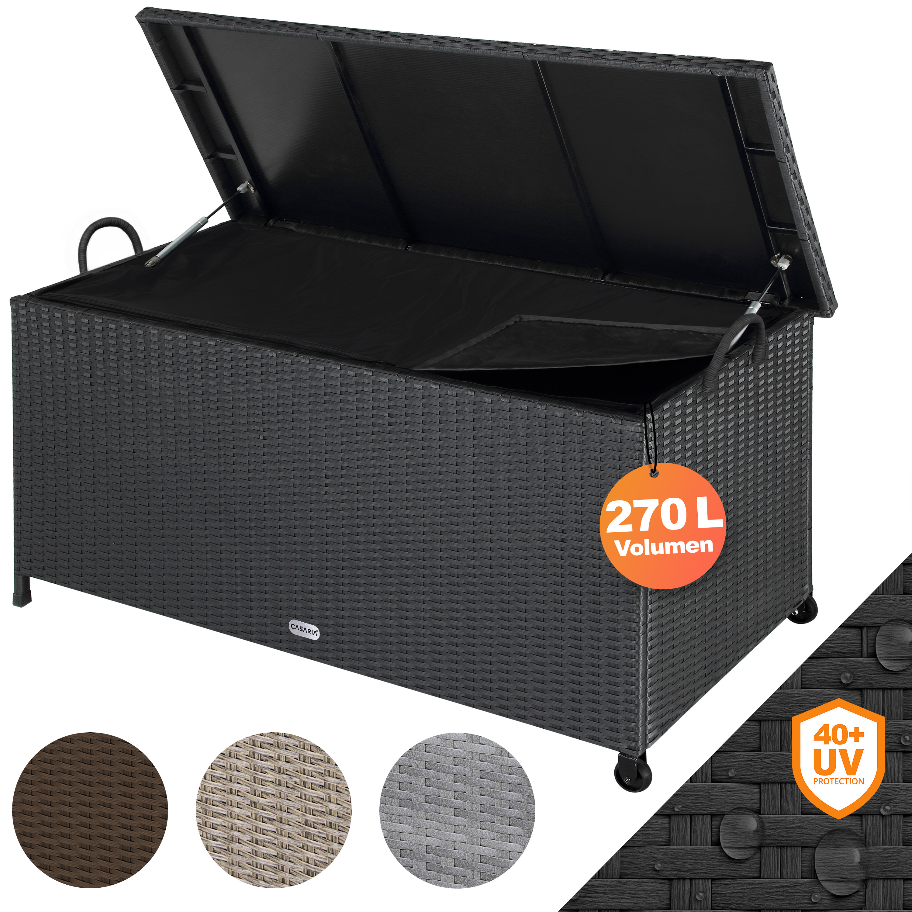 E-shop CASARIA® Gartenbox Auflagenbox mit Rollen 270L Stauraum UV-beständig Handgriffe Gasdruckfeder Wetterfest 117x53cm Garten Balkon Aufbewahrungsbox