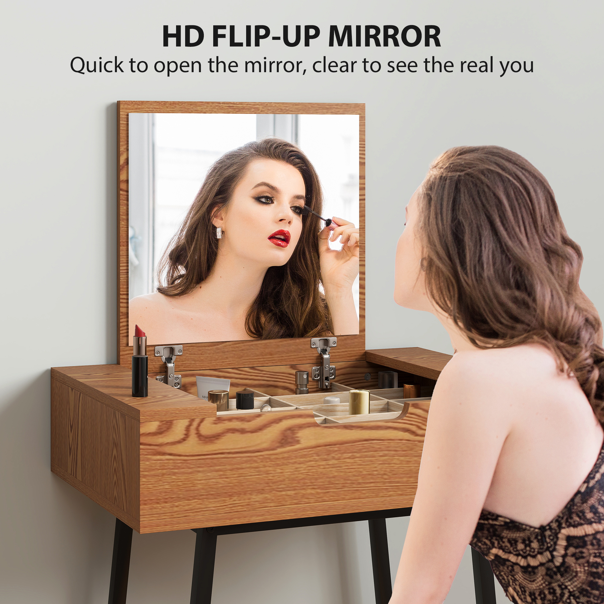 Dressing Table with Flip-Up Mirror and 16 Small Compartments