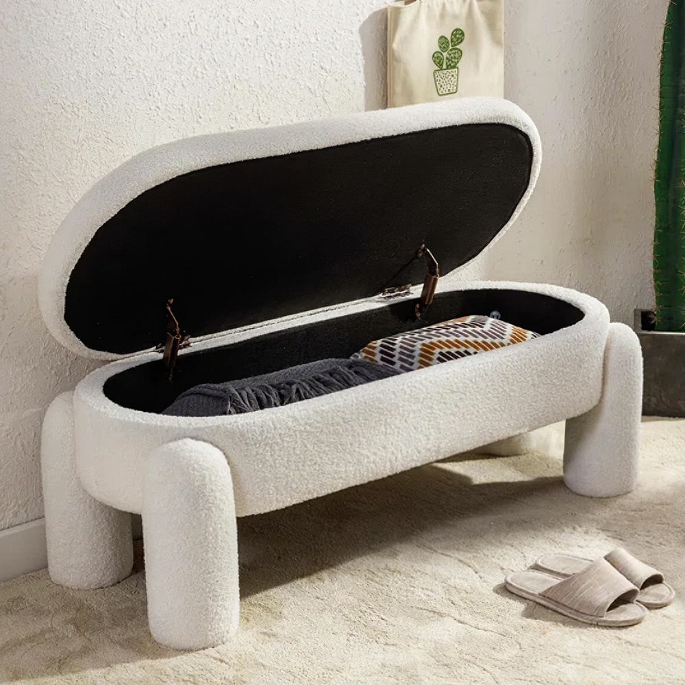 TEMU 1pc Beige Teddy Fleece Upholstered Storage Bench, Bedroom End Of Bed Bench With , Hallway Entrance Ottoman Shoe Changing With Chest Storage Box,
