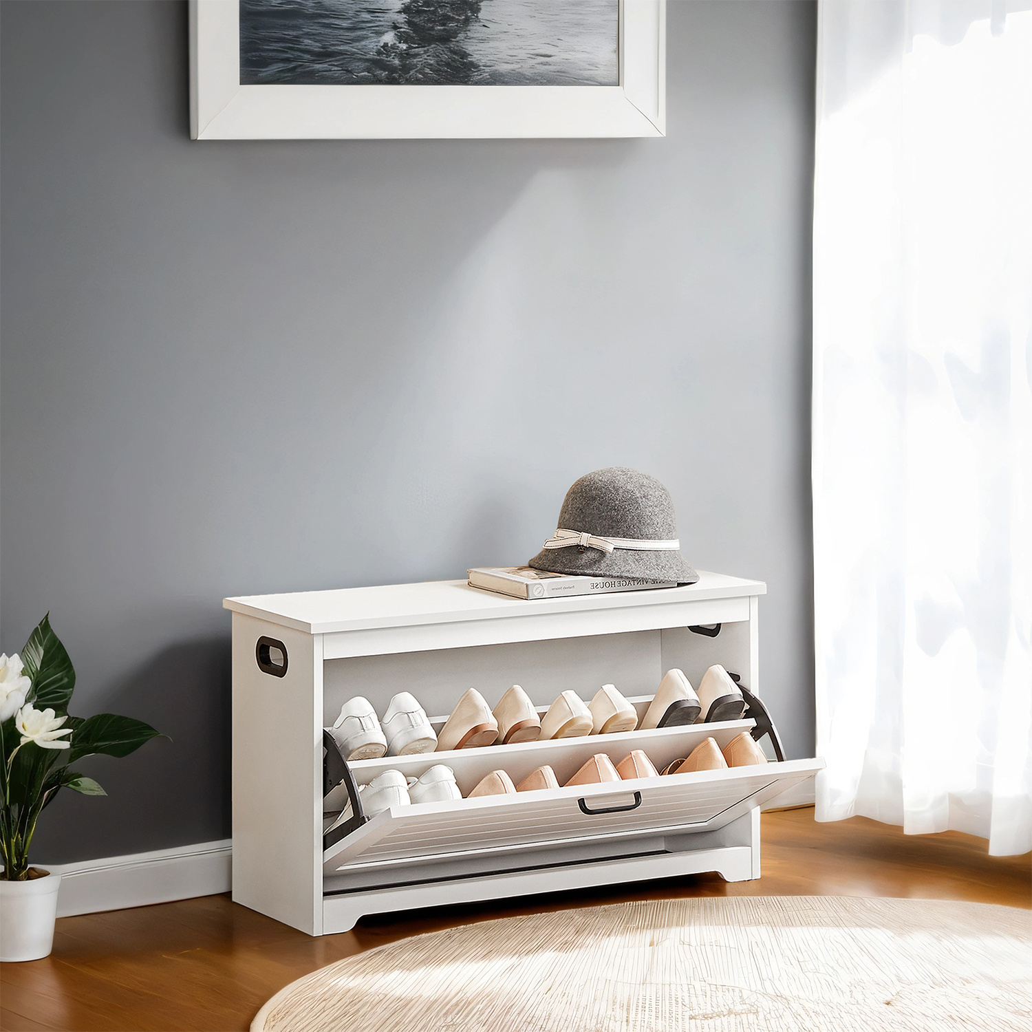 Shoe Bench, Shoe Cabinet With Lid, Bench, Flap Door, With Lateral Grip Recesses, 80 X 30 X 46 Cm, White
