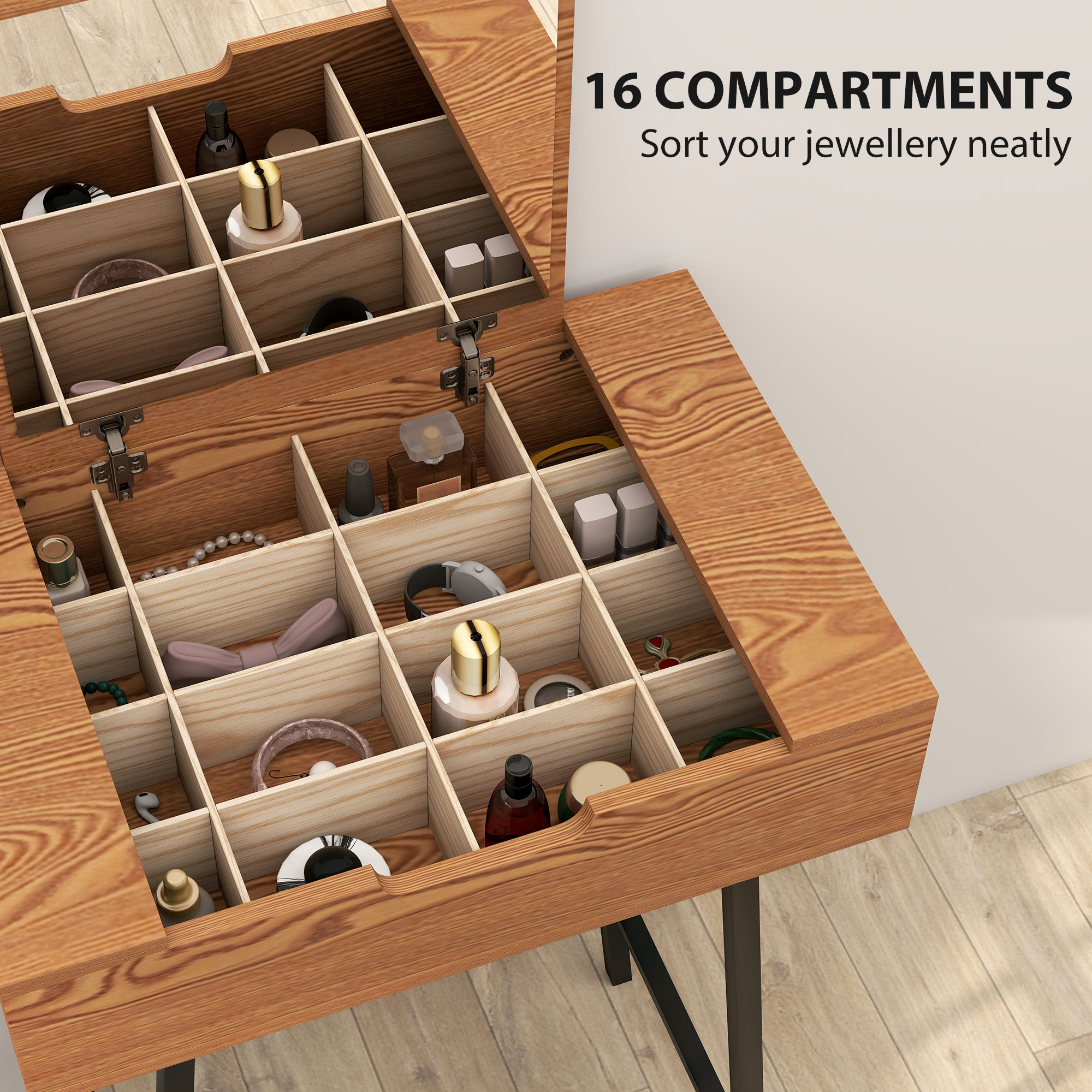 Dressing Table with Flip-Up Mirror and 16 Small Compartments