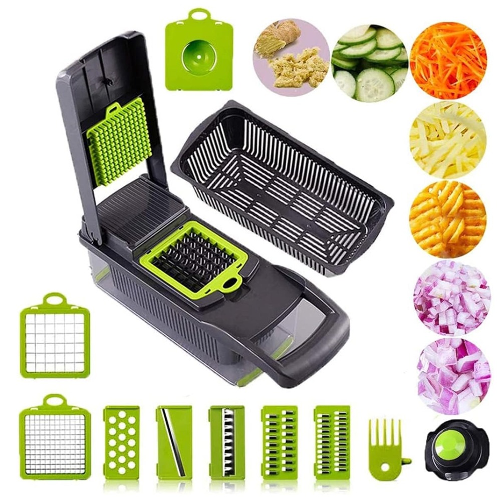 TEMU 1pc 15-in-1 Professional Vegetable Cutter - 8-blade Grater Set With Hand Guard (gray Green) - For Onion/carrot/potato Slicing/dicing/shredding