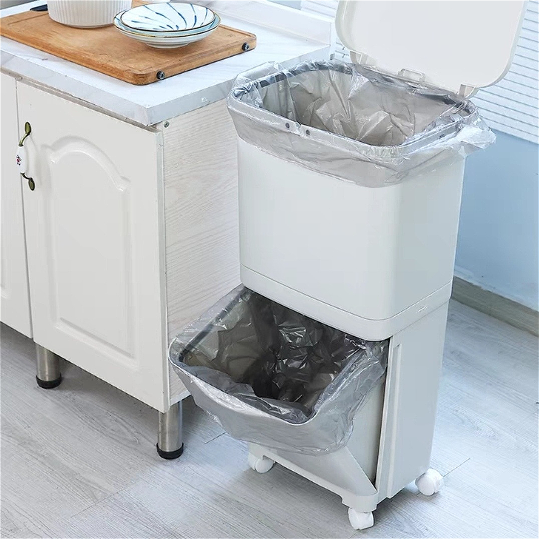 TEMU Large Capacity 38l Rolling Trash Bin, Dual Compartment Waste Bin For , Mobile Kitchen & Living Room Rubbish Bin, Sturdy Plastic, Perfect For