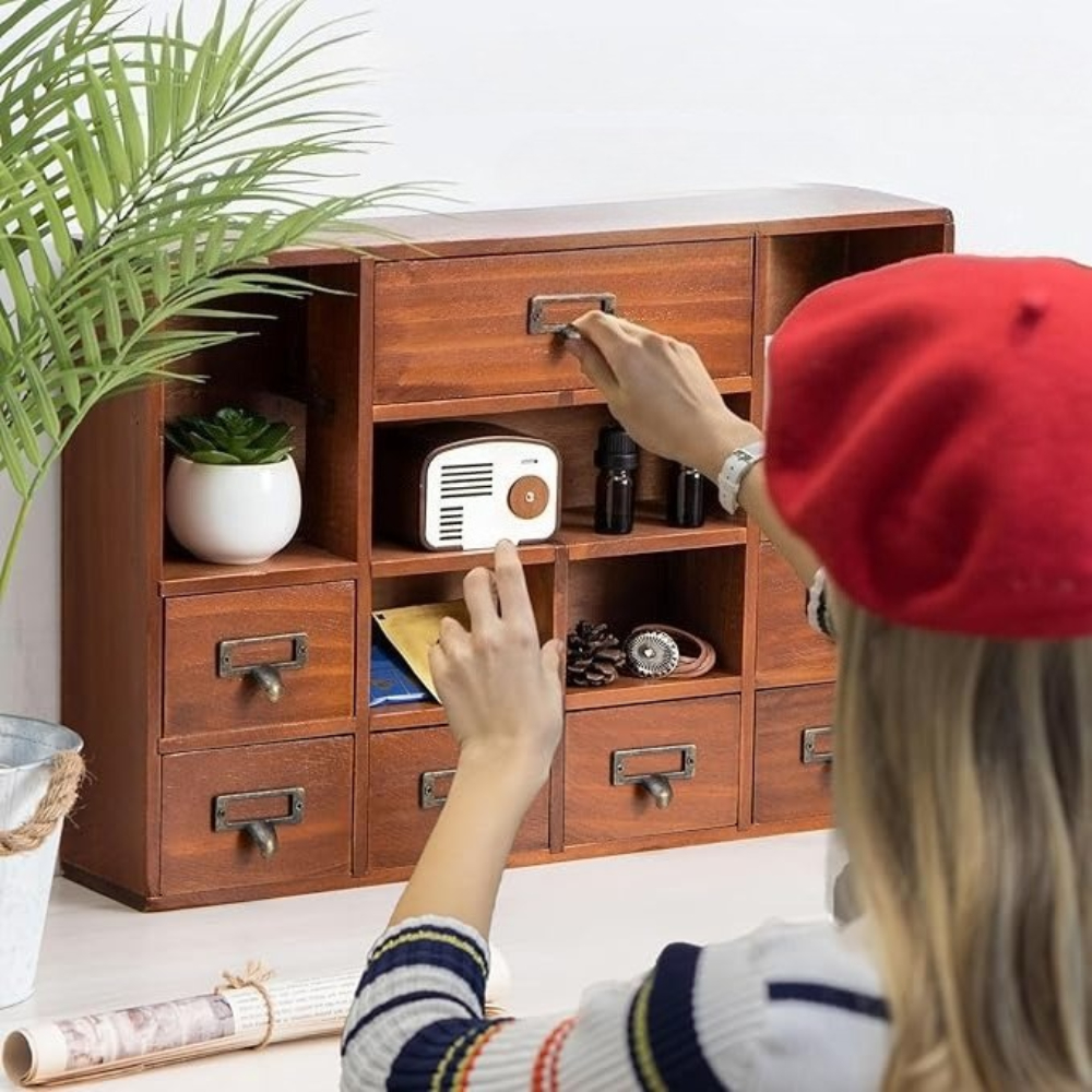 TEMU 1pc 12-drawer Vintage Wooden Storage Cabinet - Multi-functional Desk & Tabletop Organizer For Jewelry, Office & Bedroom | Traditional Display
