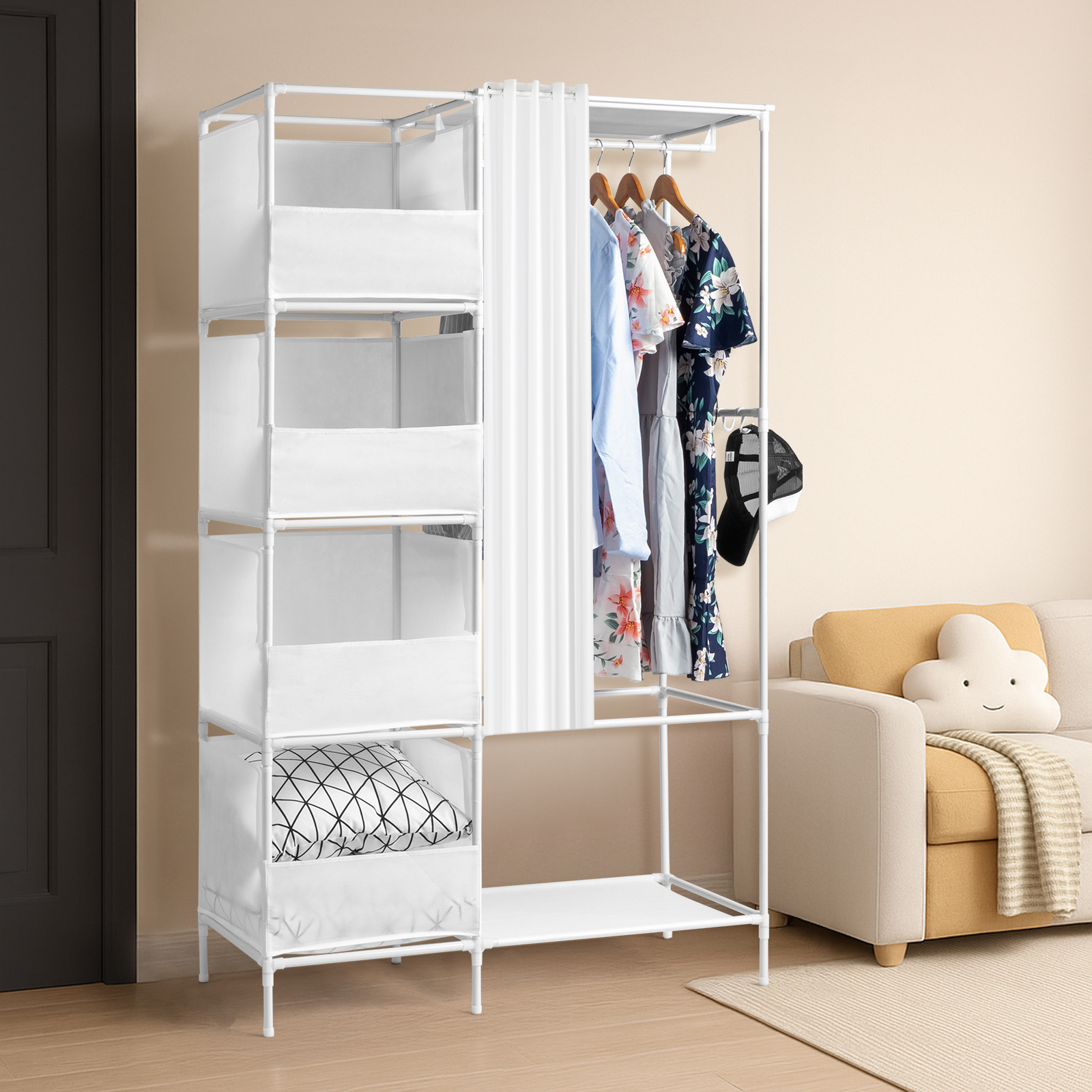 Bonnlo Wardrobe Open, Fabric Wardrobe With Clothes Rail And Shelves Stable, Fabric Wardrobe For Bedroom, Folding Wardrobe With Curtain, 105 X 45 X 170 Cm, Narrow, Black