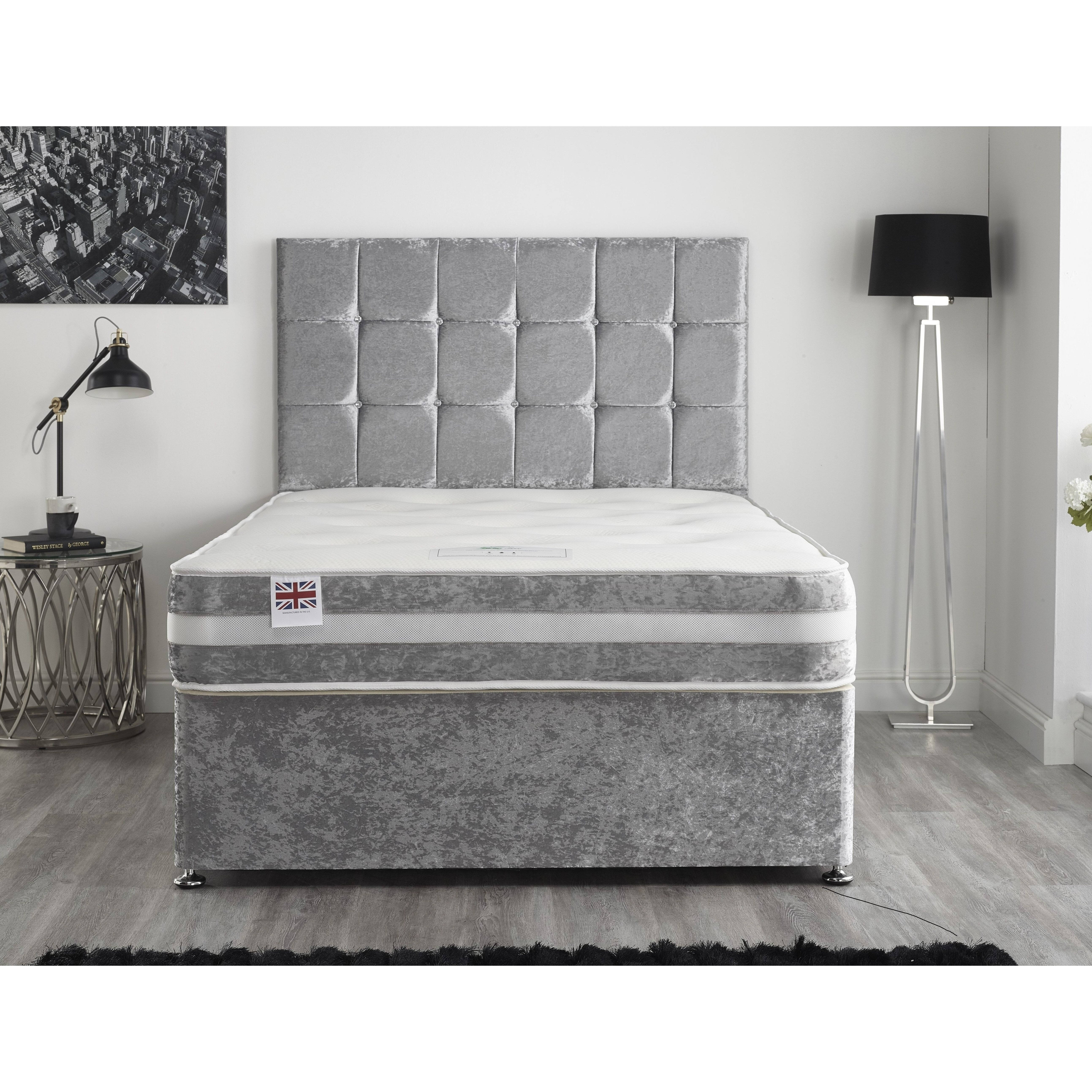 crushed velvet   bed set with 10 sprung memory foam mattress and headboard solid top platform   pressure relieving mattress adjustable 32 headboard uk manufactured