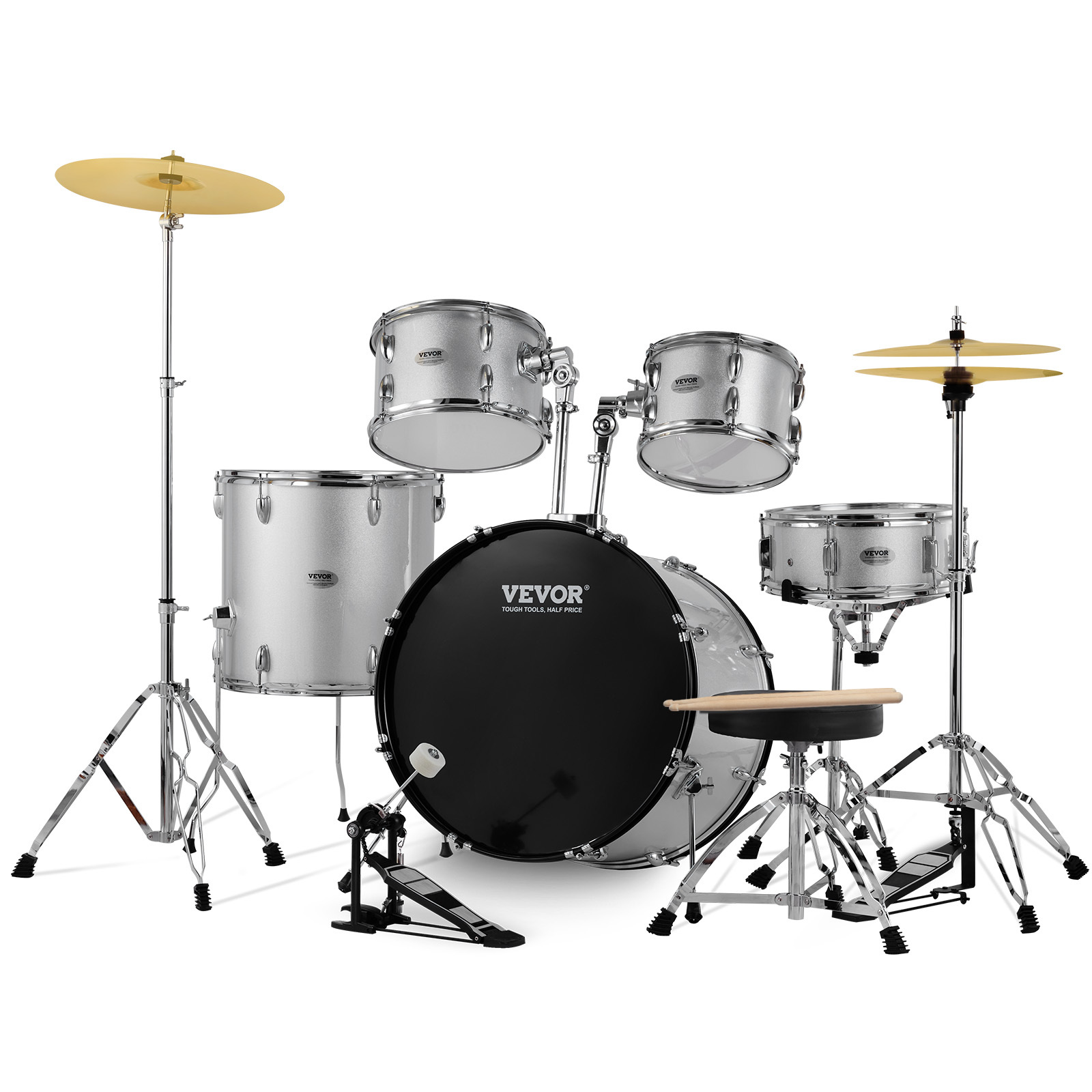 Vevor Adult Drum Set, 5-piece, 22 Inches Size Drum Kit With Snare Floor Drum Adjustable Throne Stands Cymbal Pedal And Drumsticks, Beginner Drum Kit For Adults, Silver