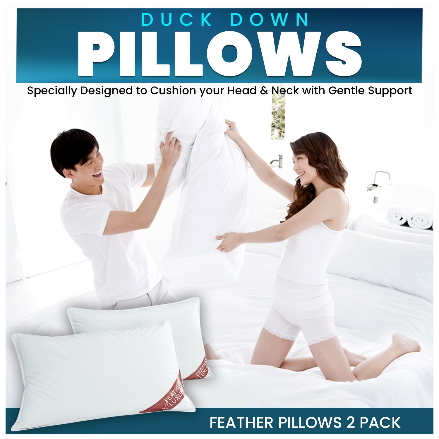 GC GAVENO CAVAILIA Luxury Duck Feather Pillow Pair | 85% Feather 15% Down | Extra Soft & Breathable | Machine Washable | Pack of 2 | White