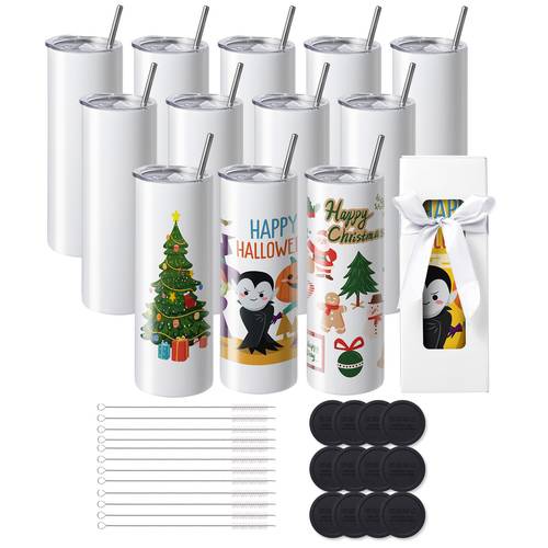 12 pack straight sublimation tumblers 20 oz blank tumbler bulk stainless steel double wall tumbler cups with straw lid shrink wrap gift box for heat press and heat transfer