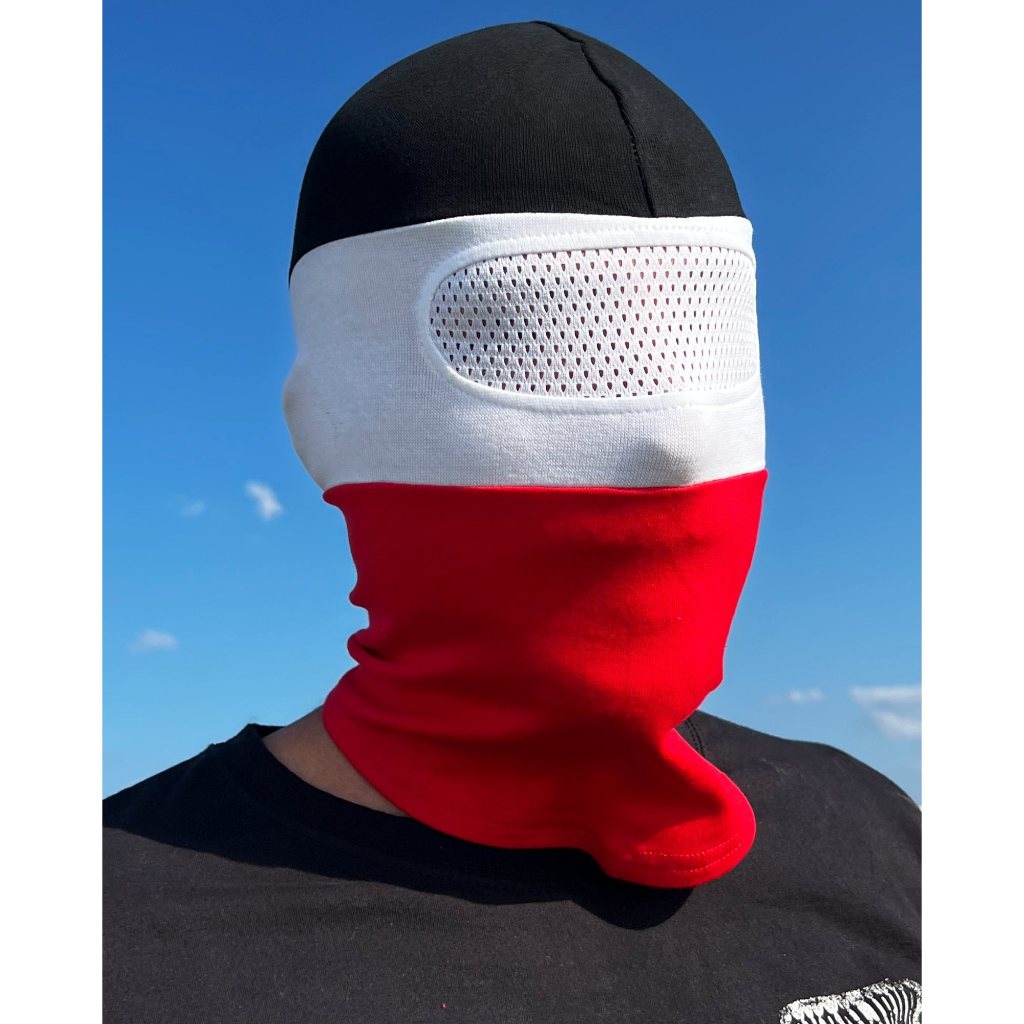 Storm Hood With Net In Front Of In Black White Red Blue Camo Balaclava Hassi Mask