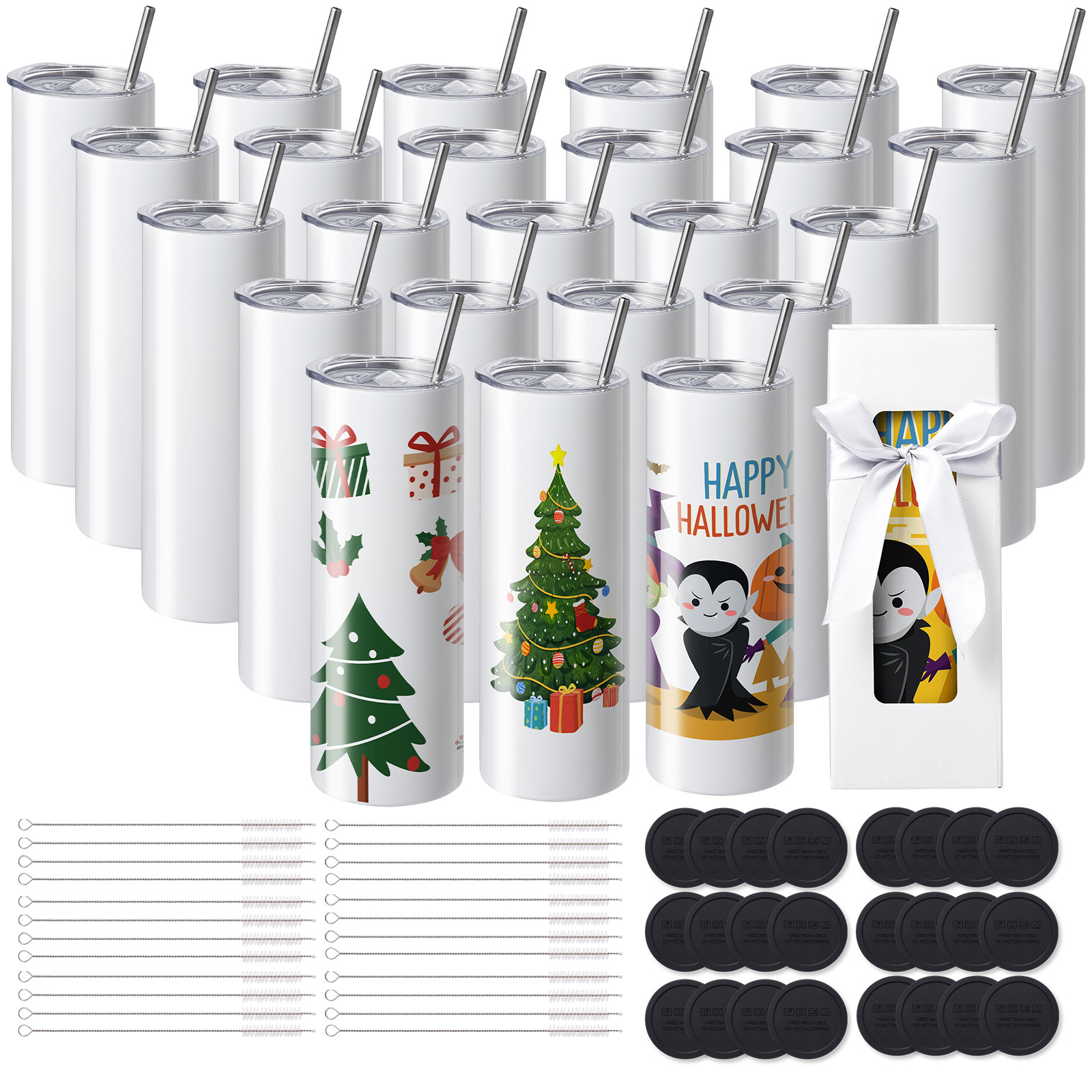 Vevor 24 Pack Straight Sublimation Tumblers, 20 Oz Blank Tumbler Bulk, Stainless Steel Double Wall Tumbler Cups With Straw, Lid, Brush, Base, Shrink Wrap, Gift Box, For Heat Press And Heat Transfer