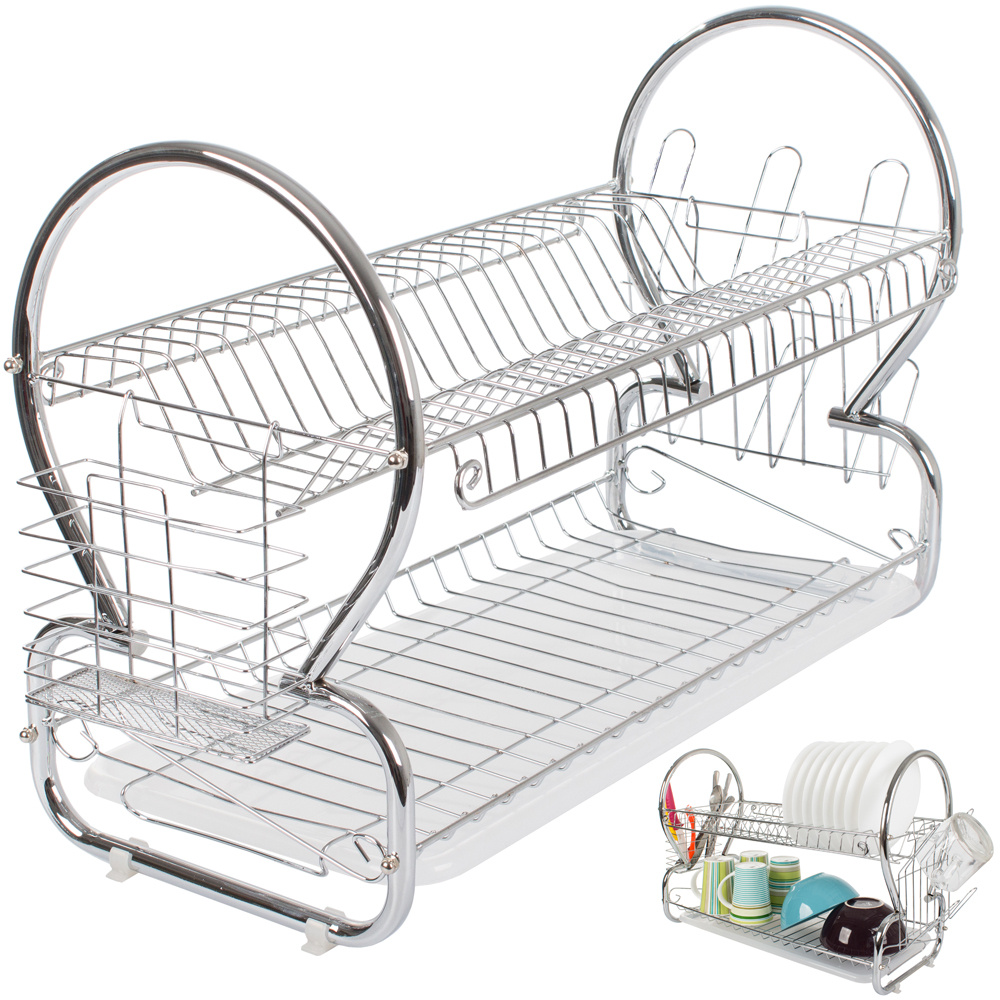 TEMU Égouttoir à vaisselle à niveaux, sur pied, en métal acier, pour cuisine, pour assiettes, ustensiles, tasses, verres, grand, argenté, avec bac à