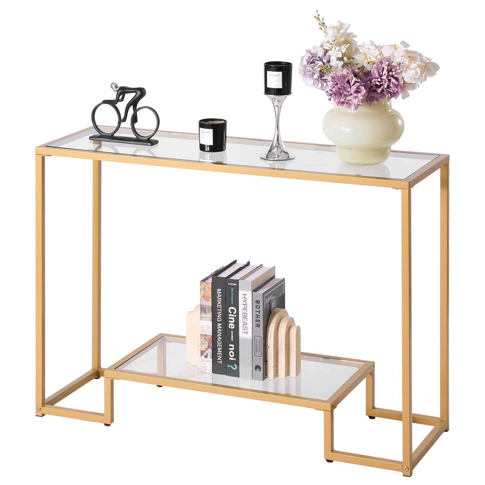 Vevor 2-tier Glass Console Table Rectangle Sofa Side Table With Anti-tip Golden